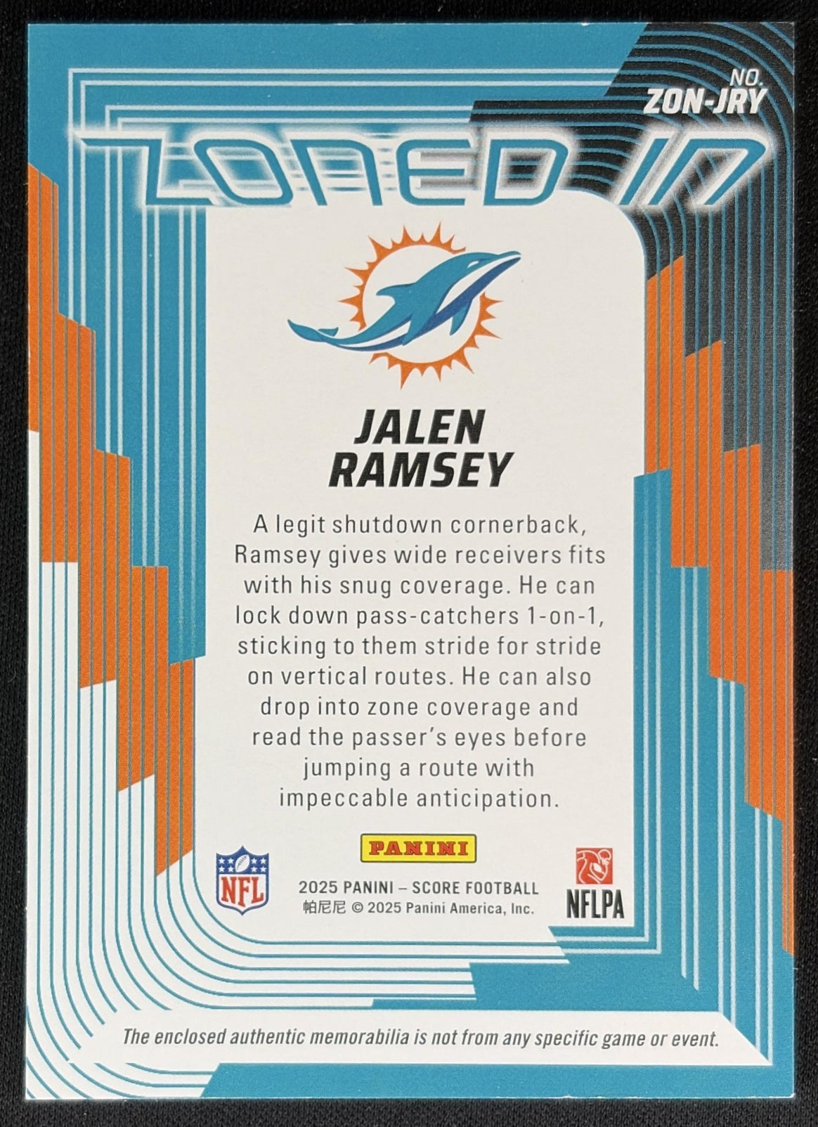Jalen Ramsey 2025 Panini Score Zoned In Jerseys Dolphins back