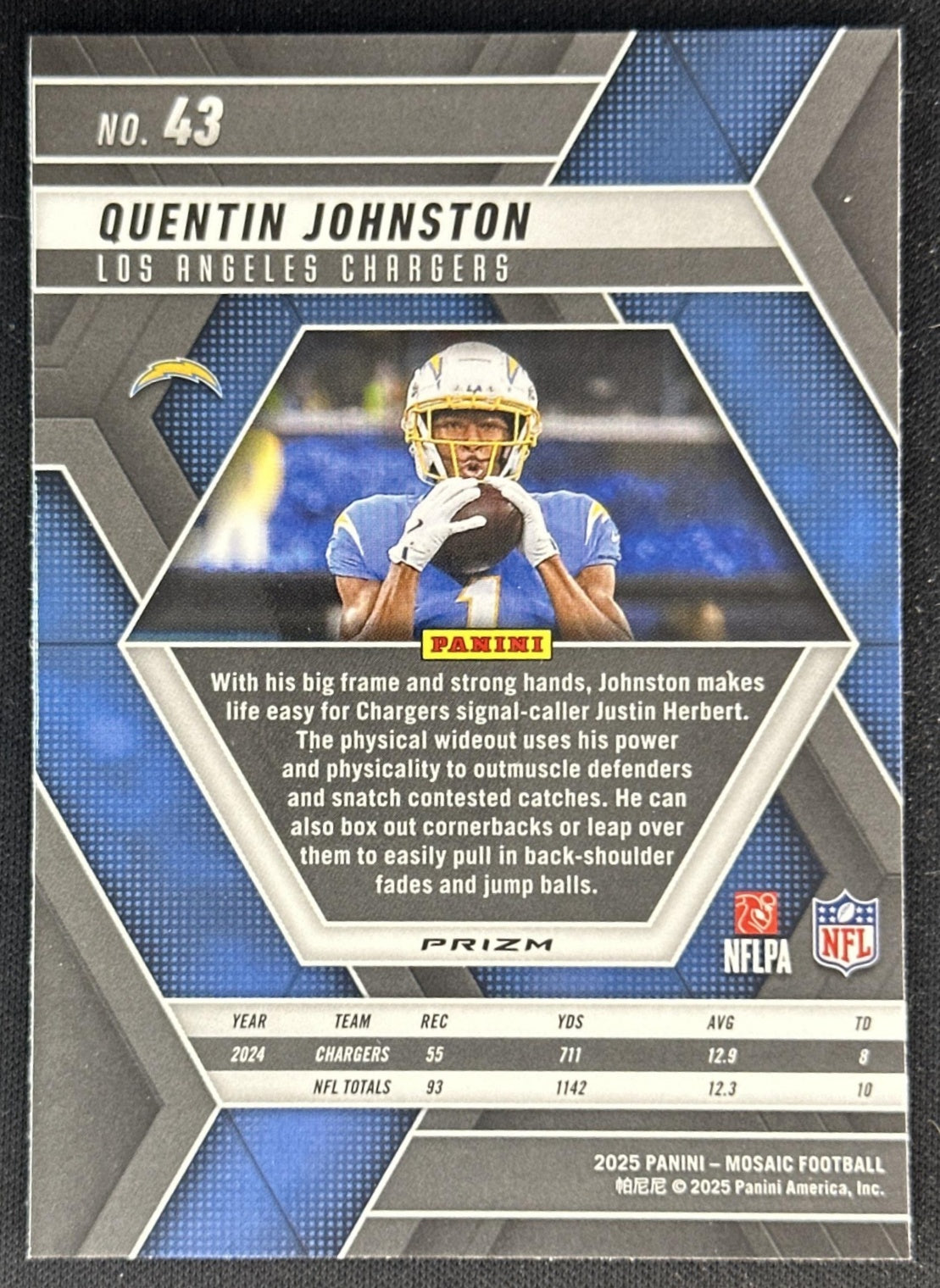 Quentin Johnston 2025 Panini Mosaic No Huddle Silver Prizm Chargers Sports Trading Cards