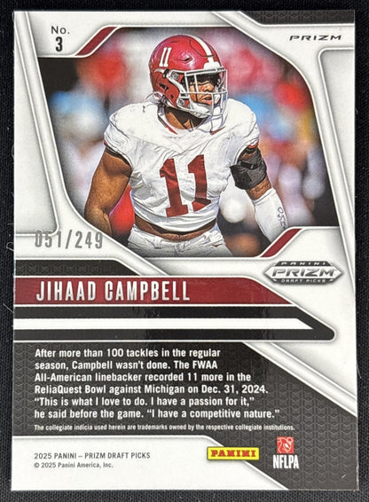 Jihaad Campbell 2025 Panini Prizm Draft Picks Blue /249 Crimson Tide Back
