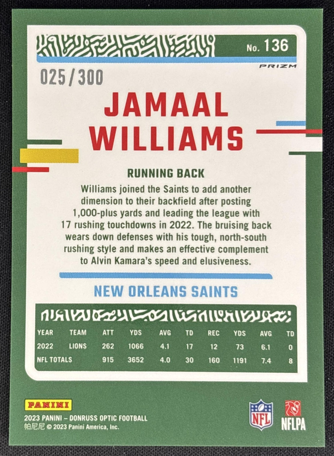 Jamaal Williams 2023 Panini Donruss Optic Wave Prizm /300 Saints back