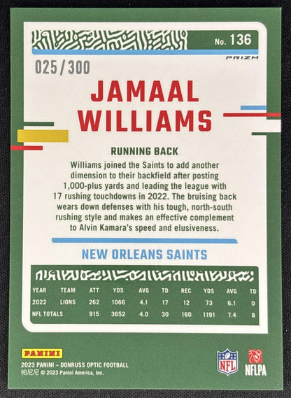 Jamaal Williams 2023 Panini Donruss Optic Wave Prizm /300 Saints back