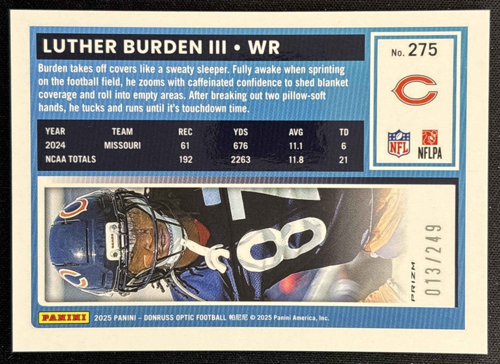 Luther Burden III 2025 Panini Donruss Optic Rated Rookie Blue Prizm /249 Bears Back