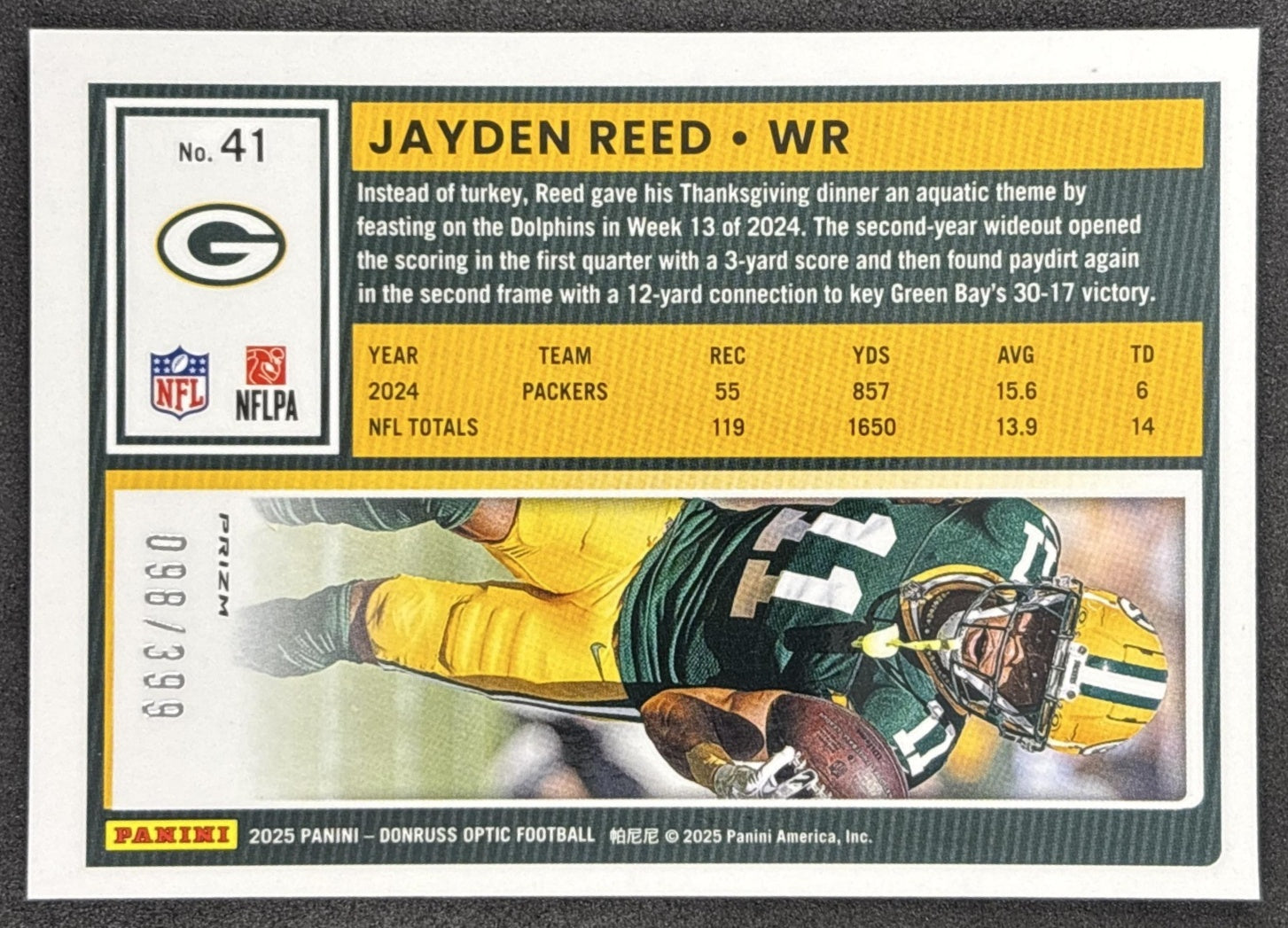Jayden Reed 2025 Panini Donruss Optic Neon Blue Prizm /399 Packers back