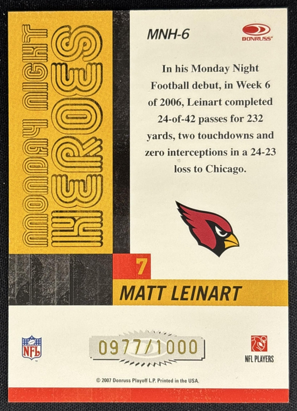 Matt Leinart 2007 Donruss Classics Monday Night Heroes Bronze /1000 Cardinals back
