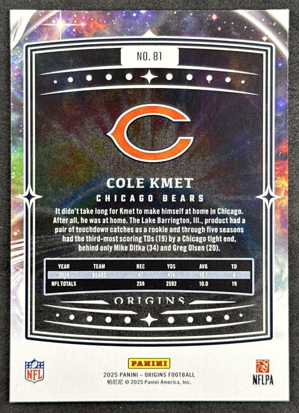 Cole Kmet 2025 Panini Origins Bears back sports trading card