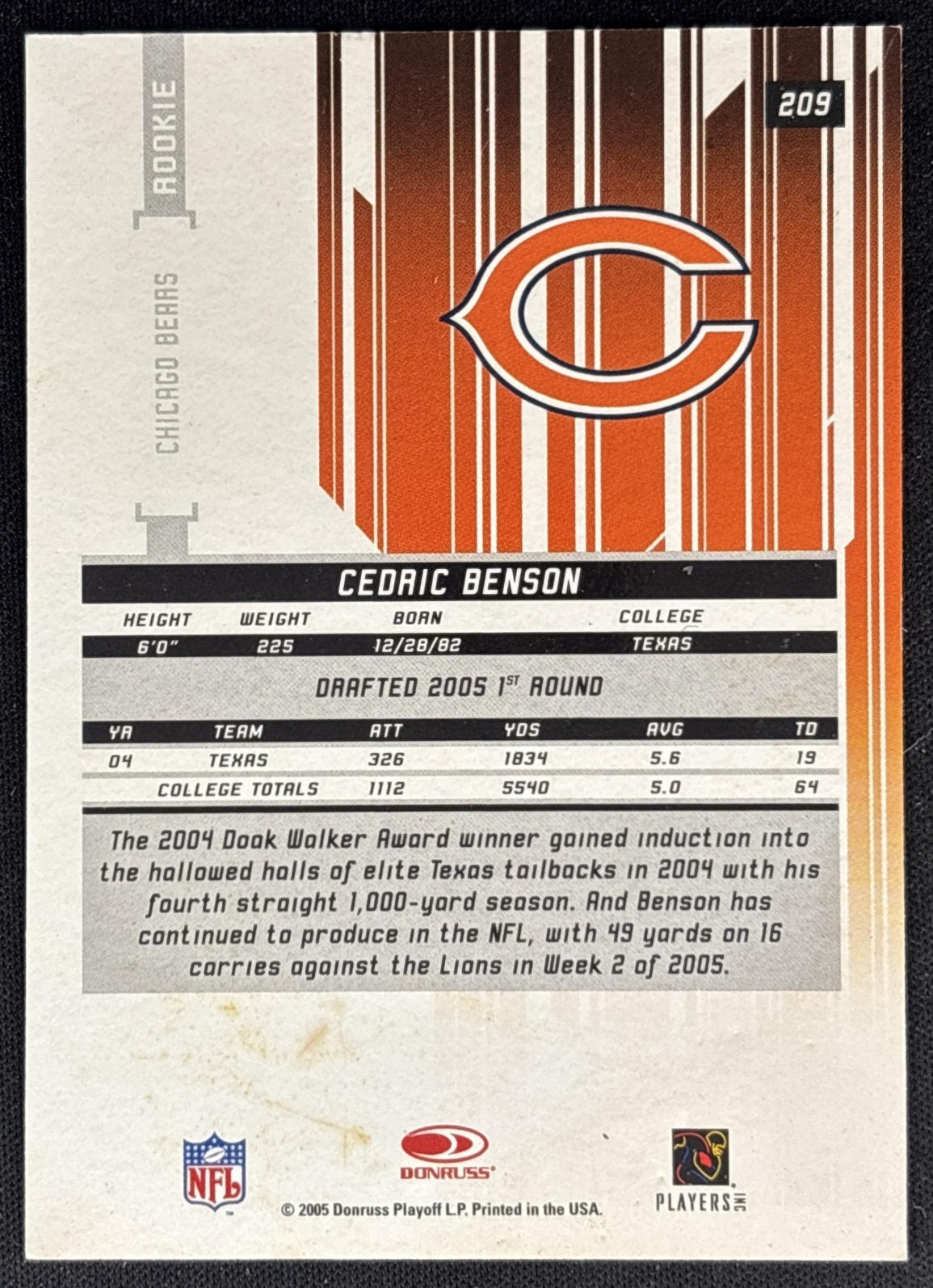 Cedric Benson 2005 Leaf Rookies & Stars Longevity /599 Bears back