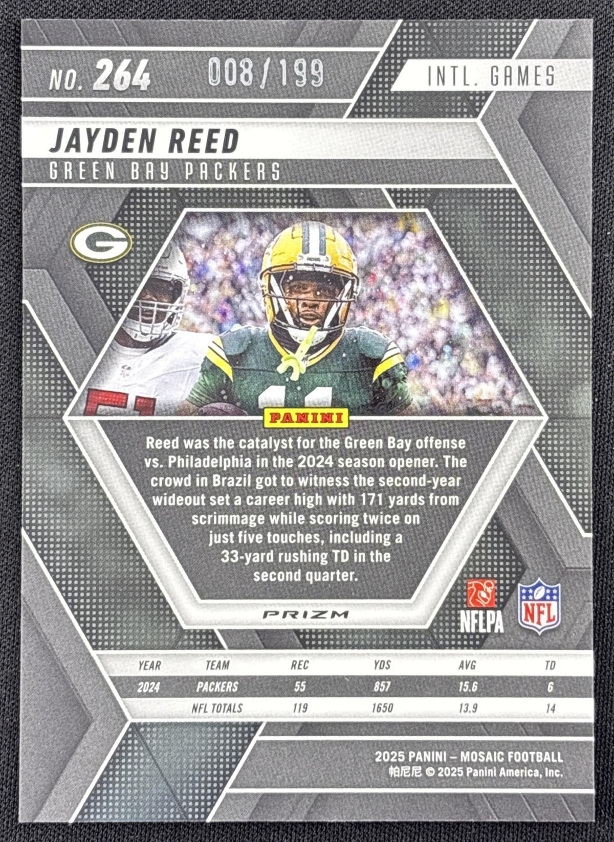 Jayden Reed 2025 Panini Mosaic International Games Orange Prizm /199 Packers