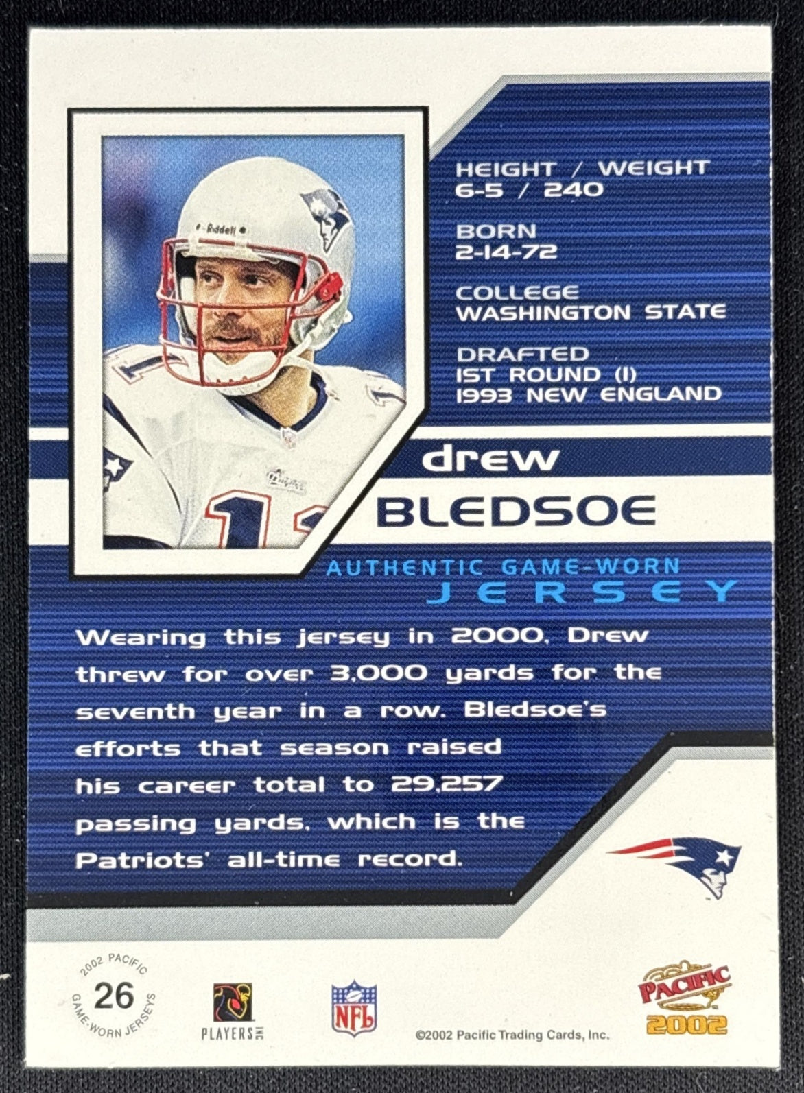 Drew Bledsoe 2002 Pacific Game Worn Jerseys Patriots Back