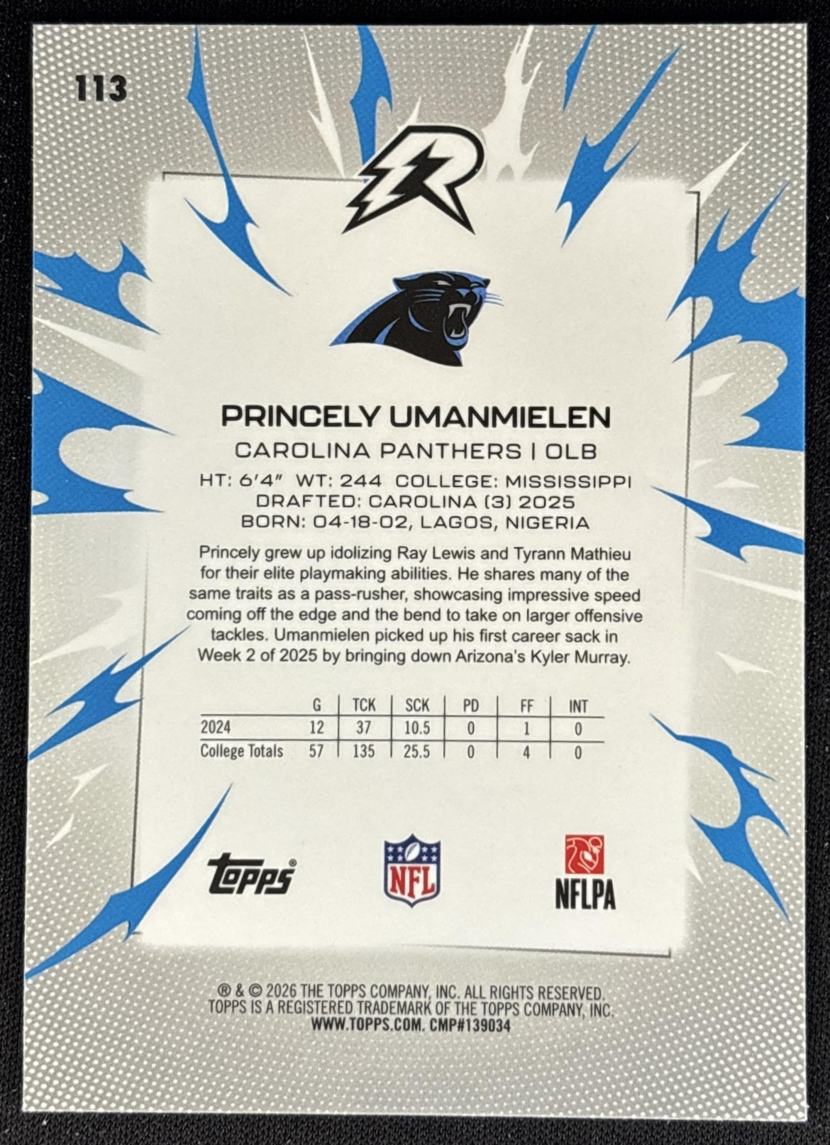 Princely Umanmielen 2025 Resurgence Sky Blue and Pink Shock Refractor Panthers back