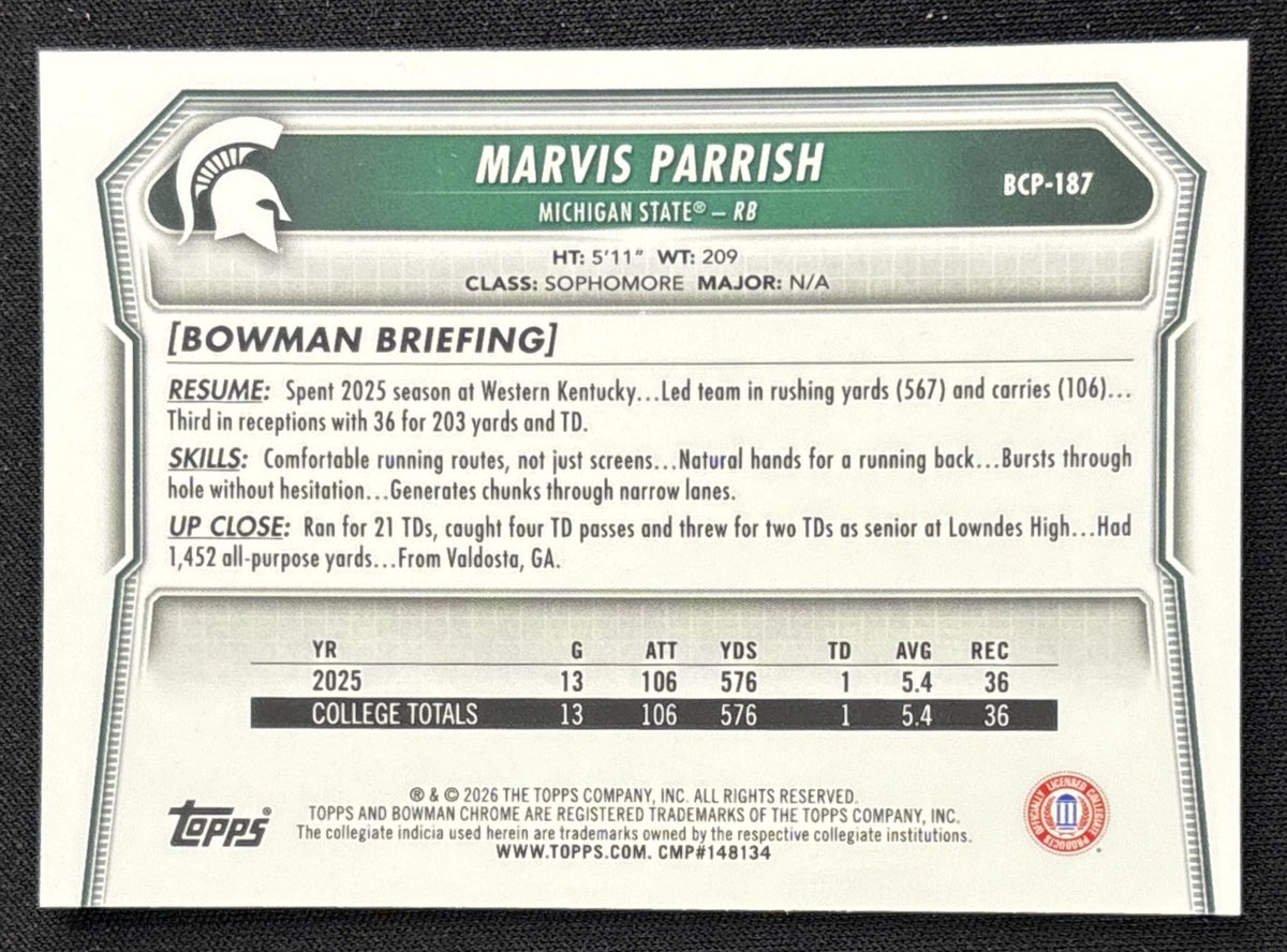 Marvis Parrish 2026 Bowman Chrome Prospects Green Reptilian Refractor /99 Spartans Sports Trading Card