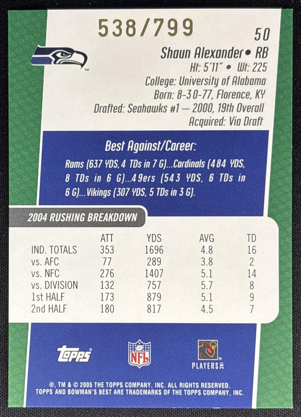 Shaun Alexander 2005 Bowman's Best Green /799 Seahawks Sports Trading Cards