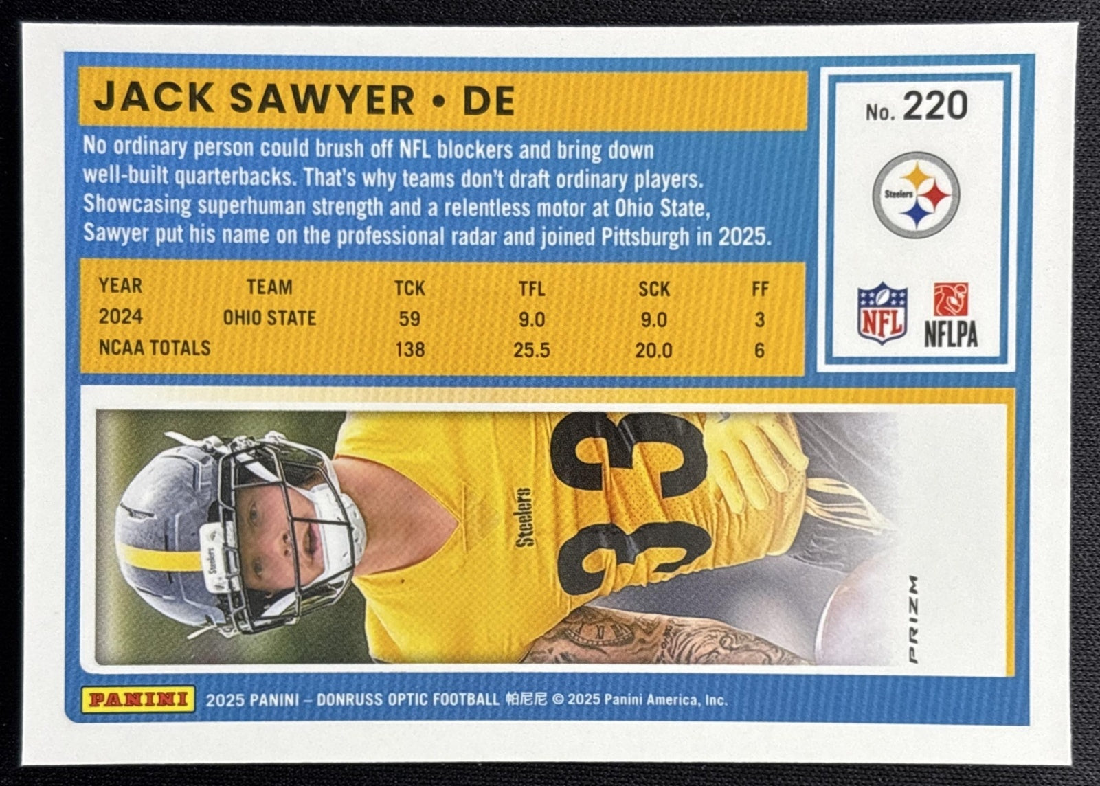 Jack Sawyer 2025 Panini Donruss Optic Rated Rookie Rocket Prizm Steelers Sports Trading Card