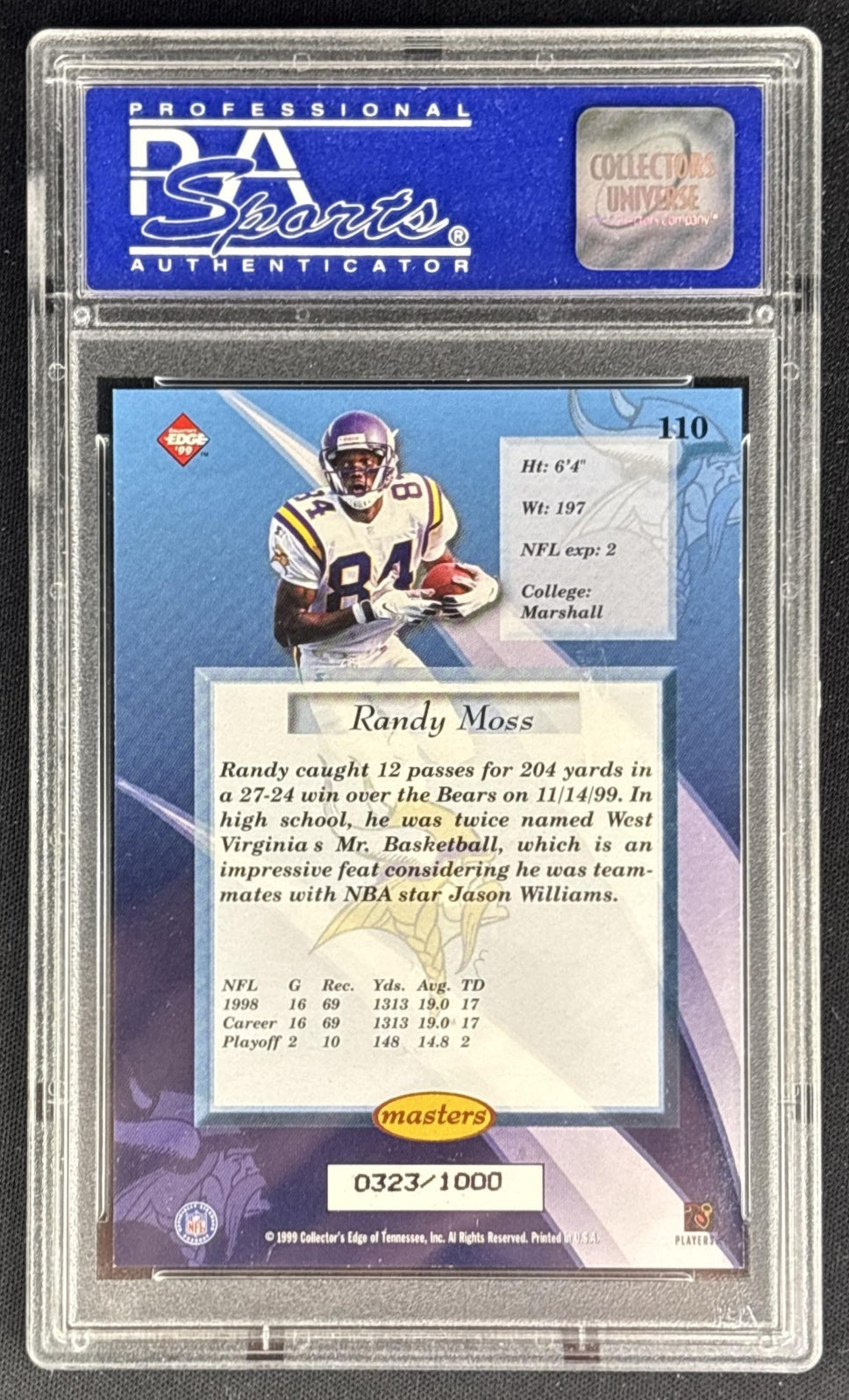 Randy Moss 1999 Collector's Edge Masters Galvanized /1000 PSA 9 Vikings