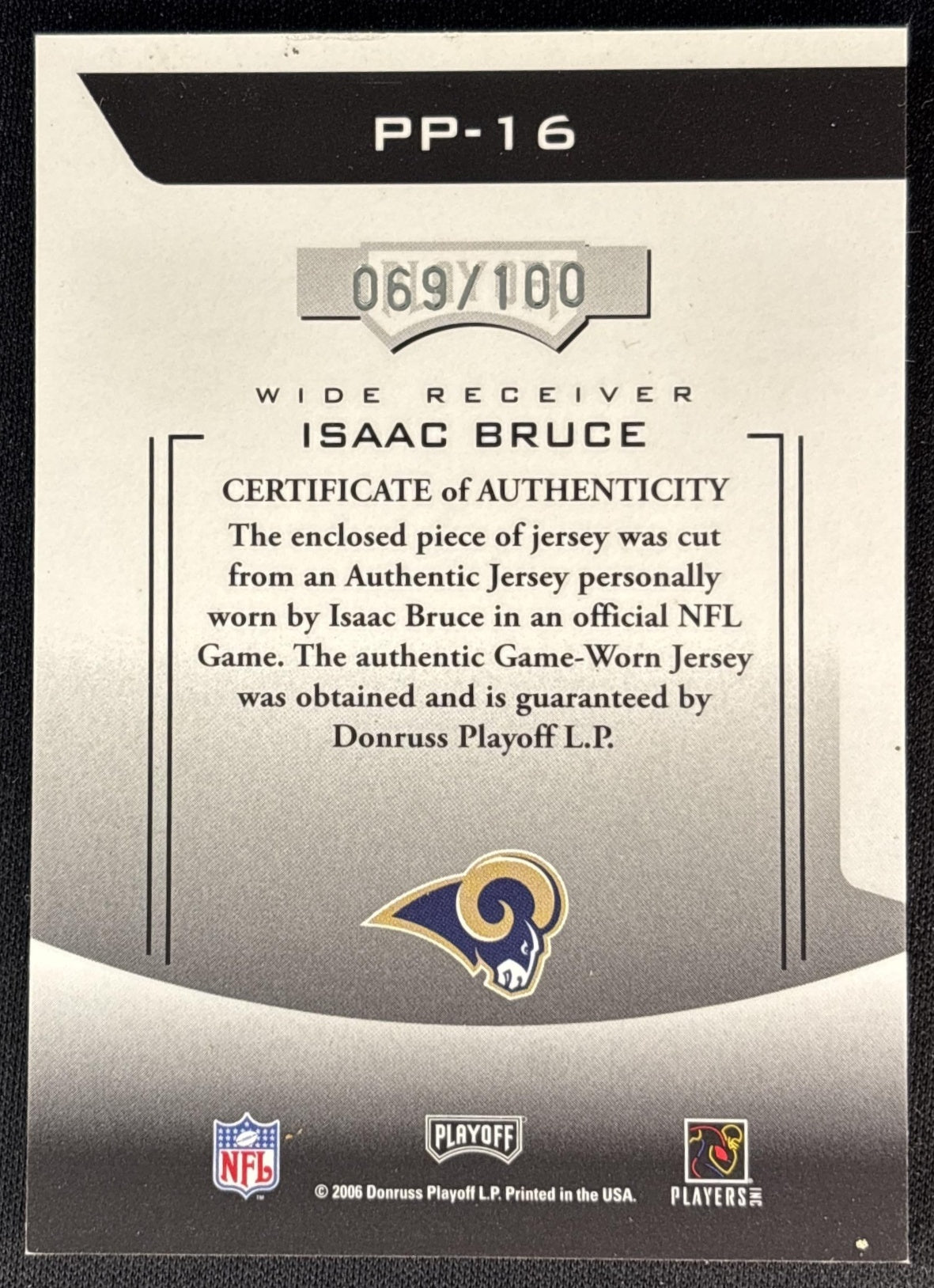 Isaac Bruce 2006 Playoff Prestige Prestigious Pros Jerseys Green /100 Rams Sports Trading Card