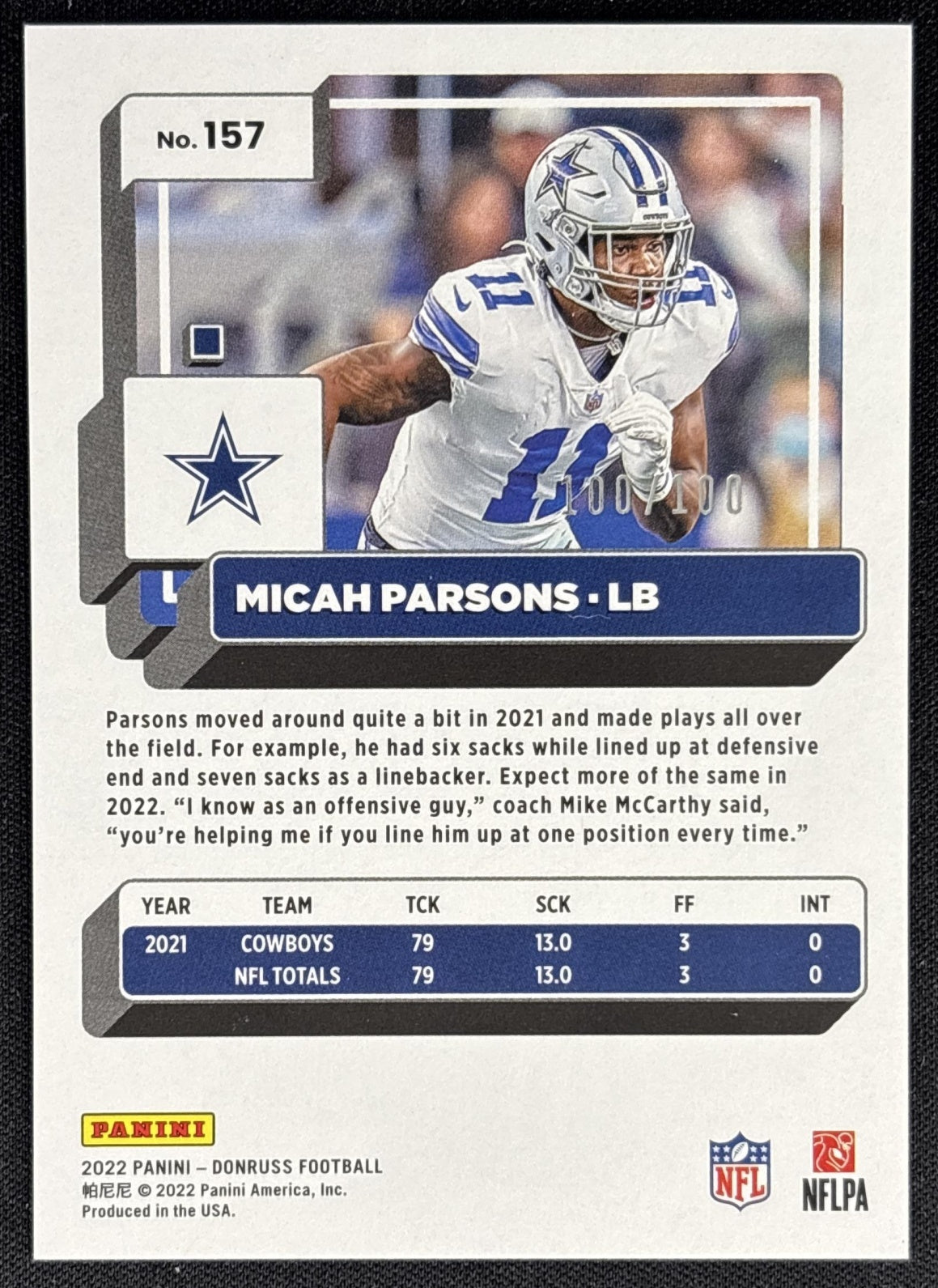 Micah Parsons 2022 Panini Donruss Silver Press Proof /100 Cowboys