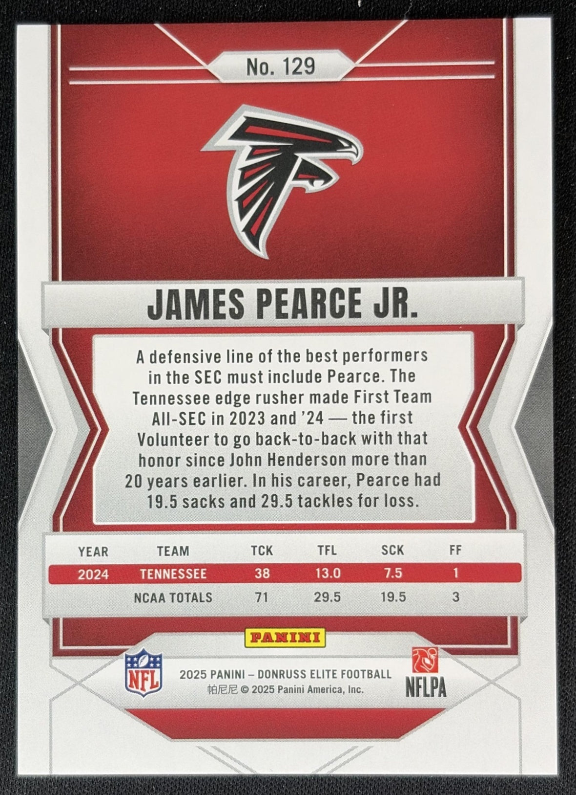 James Pearce Jr. 2025 Panini Donruss Elite Rookies /999 Falcons back