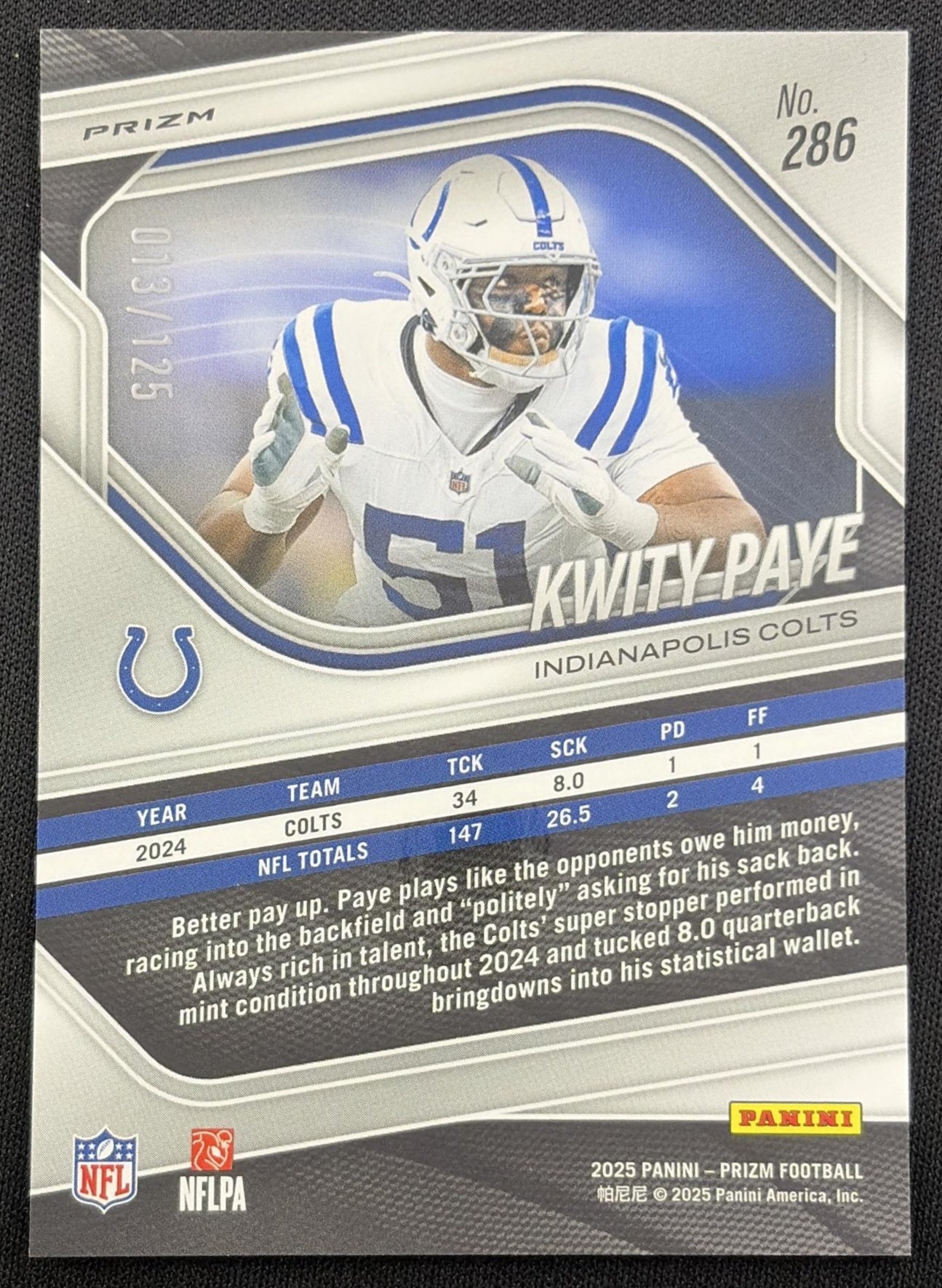 Kwity Paye 2025 Panini Prizm No Huddle Blue /125 Colts