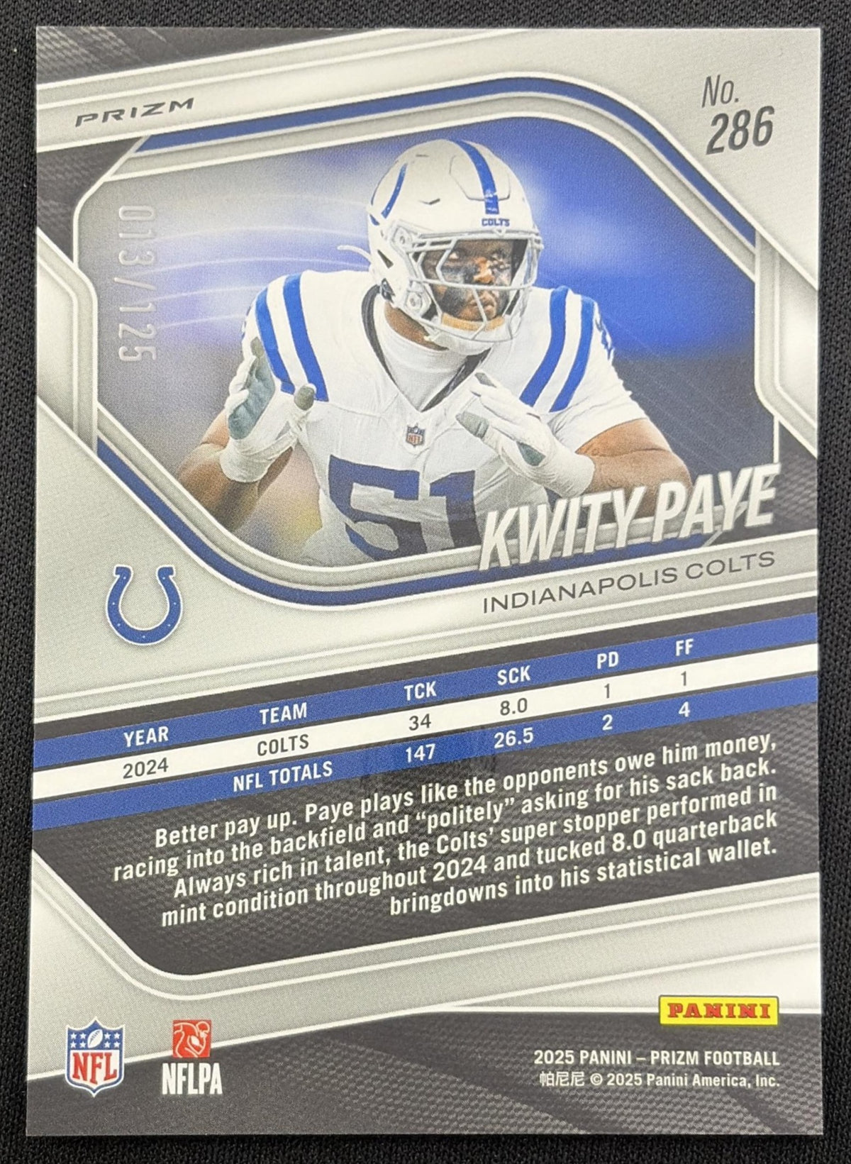 Kwity Paye 2025 Panini Prizm No Huddle Blue /125 Colts