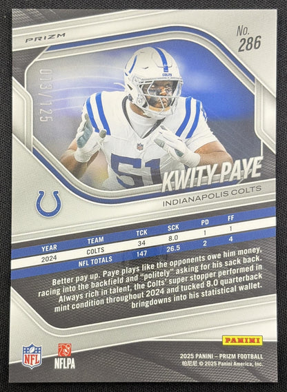 Kwity Paye 2025 Panini Prizm No Huddle Blue /125 Colts