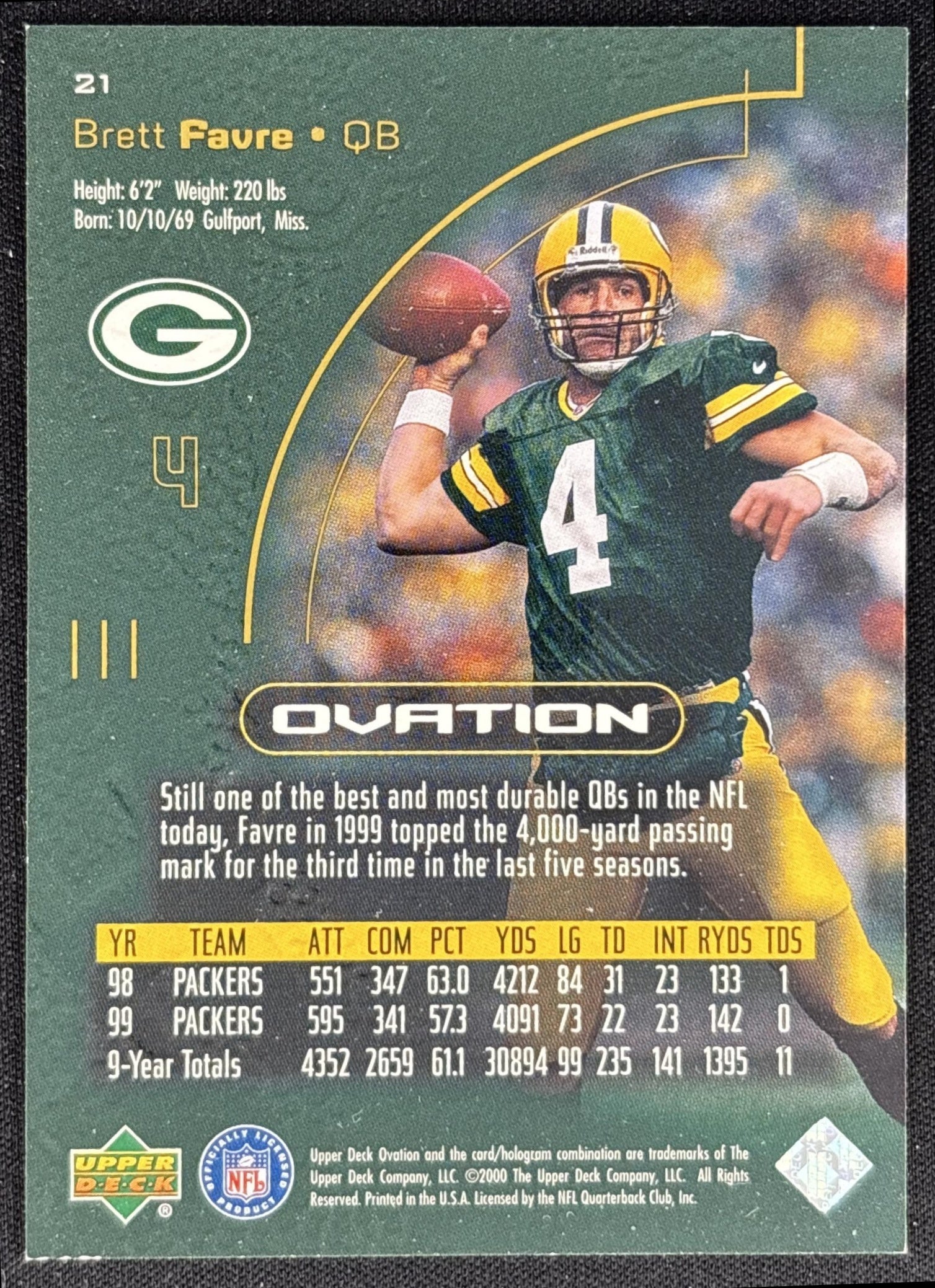 Brett Favre 2000 Upper Deck Ovation Packers back