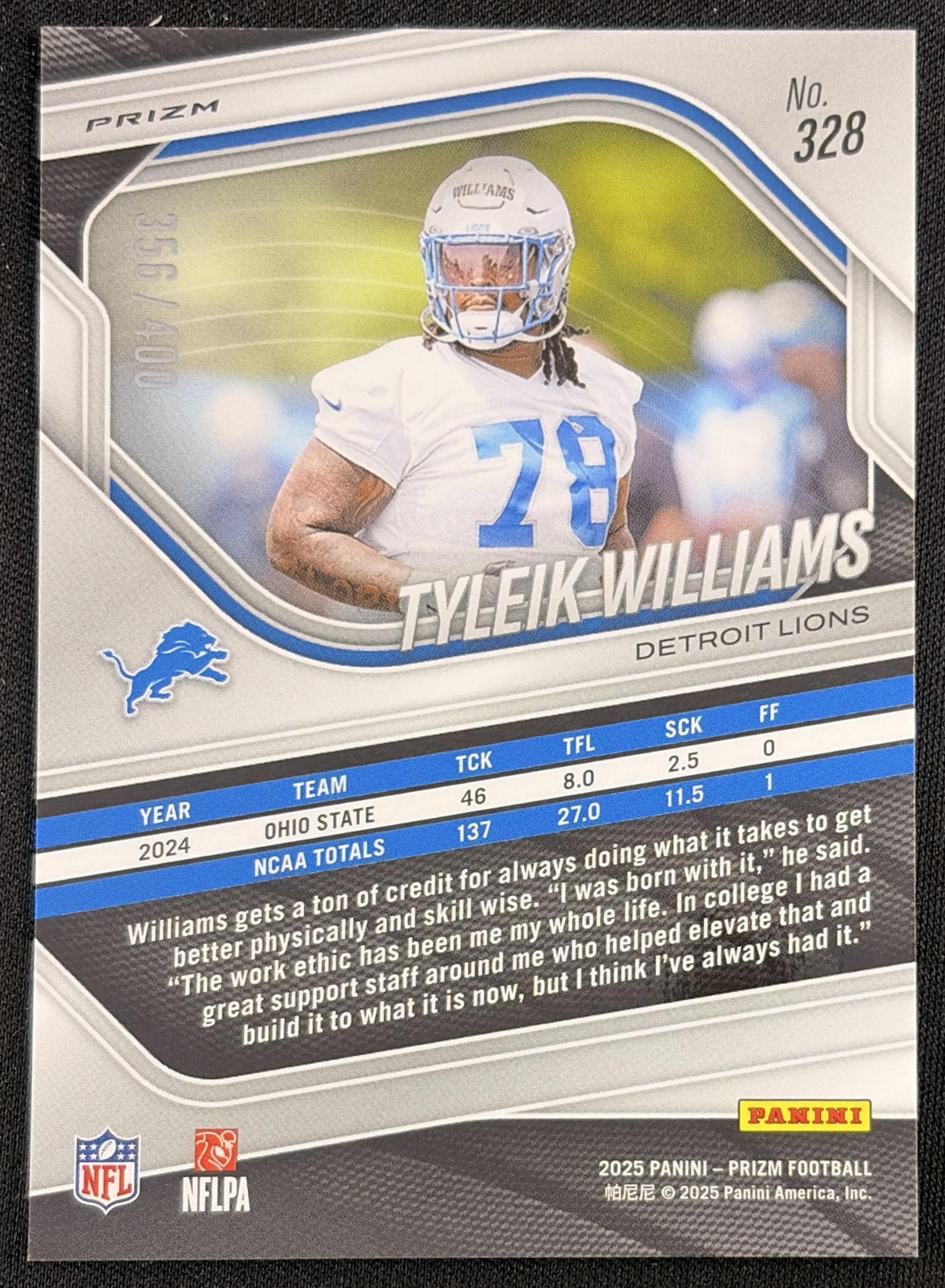 Tyleik Williams 2025 Panini Prizm Pandora /400 Lions
