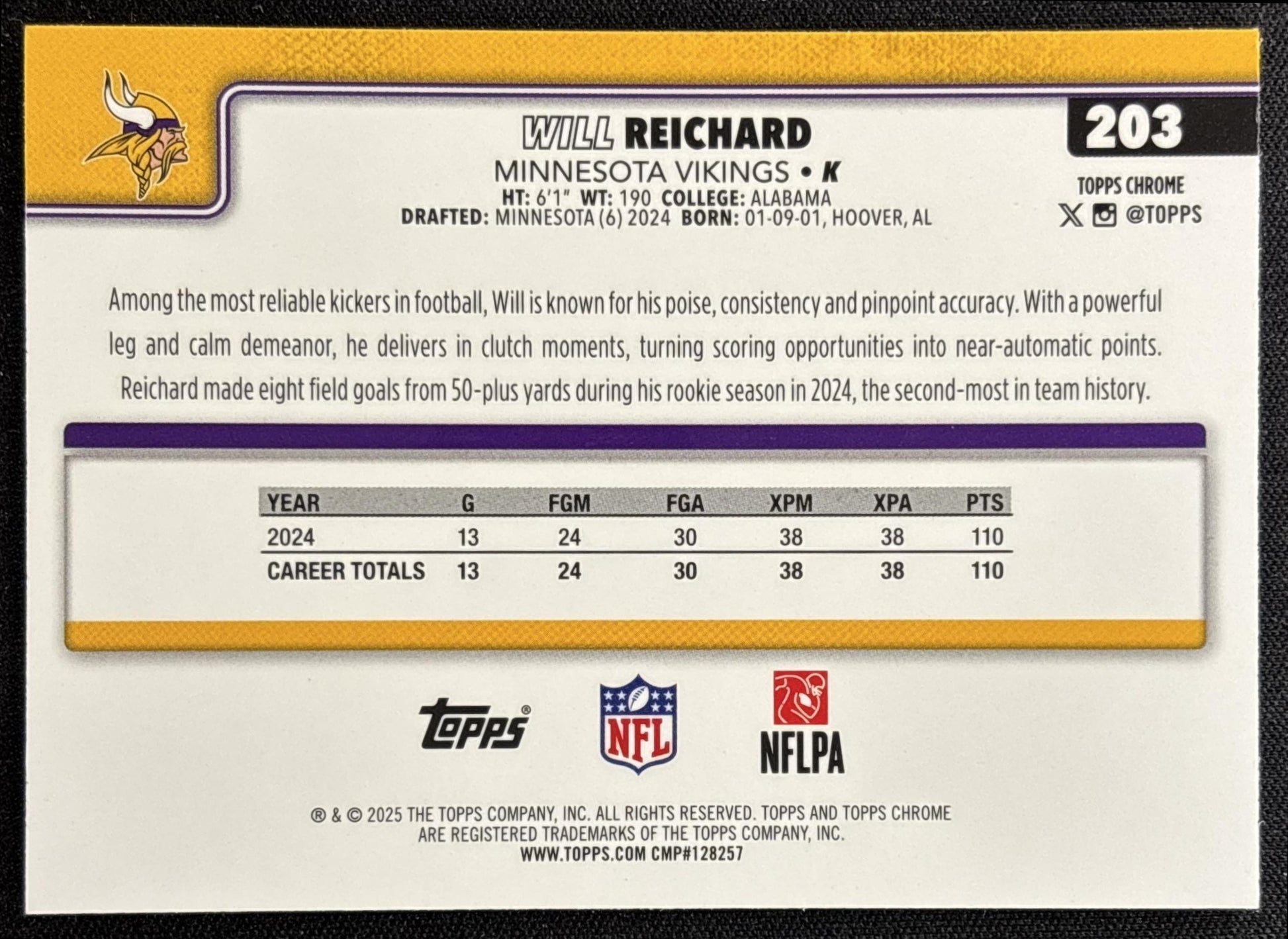 Will Reichard 2025 Topps Chrome Green Lava Refractor /99 Vikings