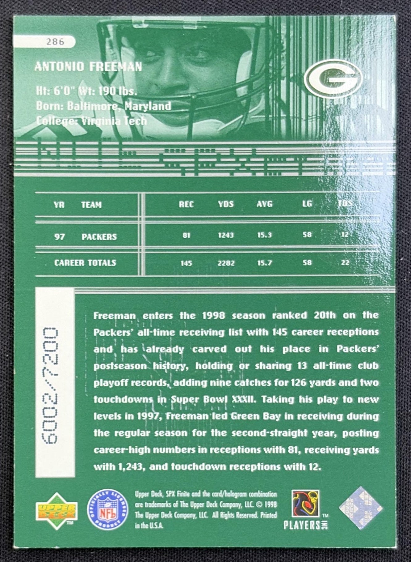 Antonio Freeman 1998 SPx Finite /7200 Packers
