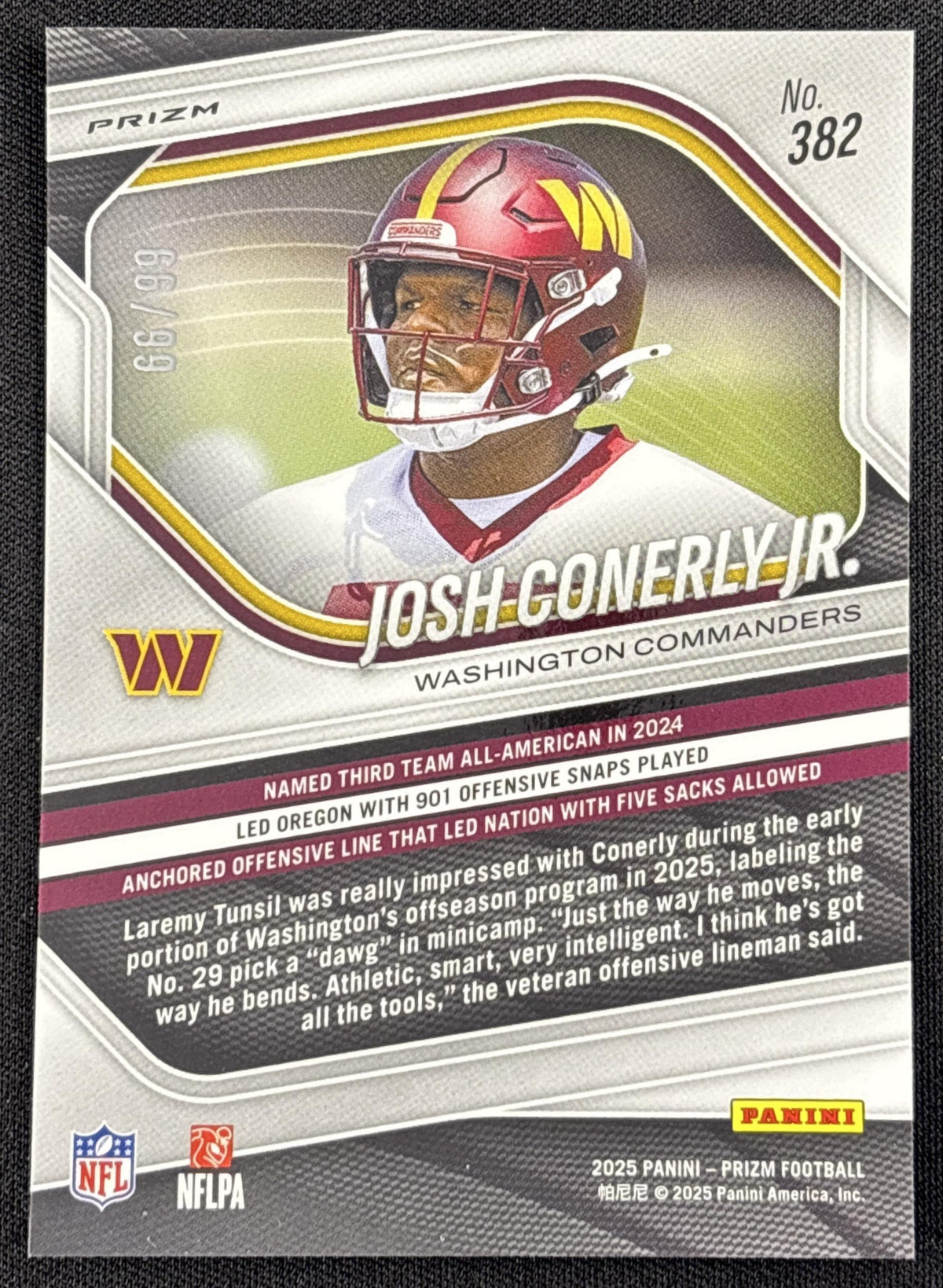Josh Conerly Jr. 2025 Panini Prizm No Huddle Red /99 Commanders