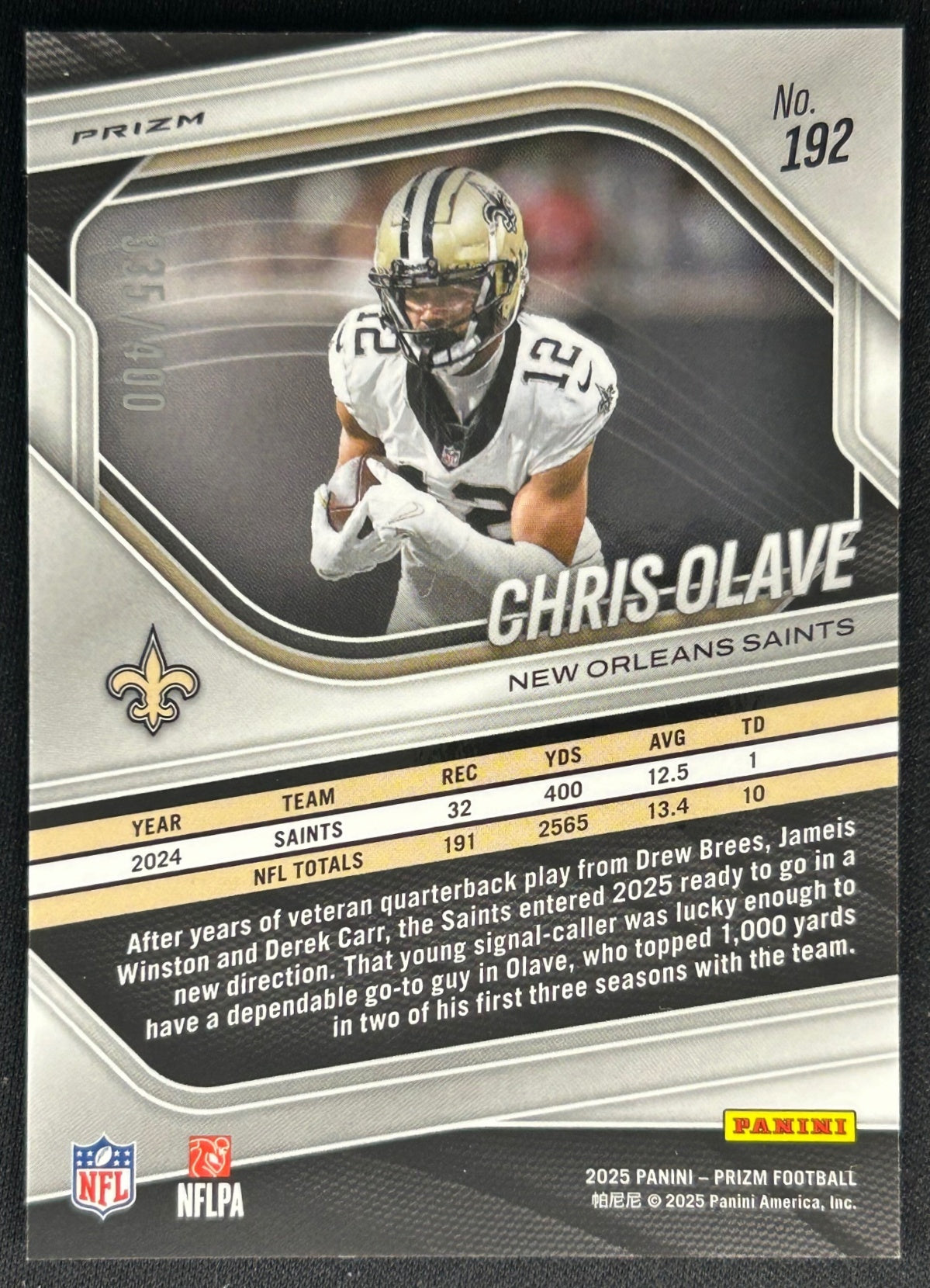 Chris Olave 2025 Panini Prizm Pandora /400 Saints Sports Trading Cards