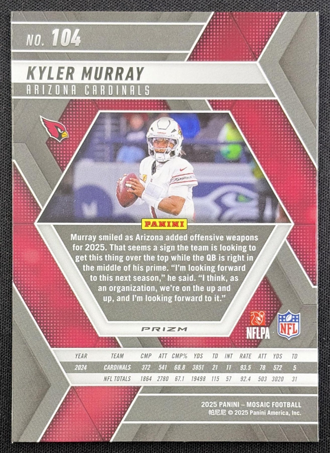 Kyler Murray 2025 Panini Mosaic Green Prizm Cardinals