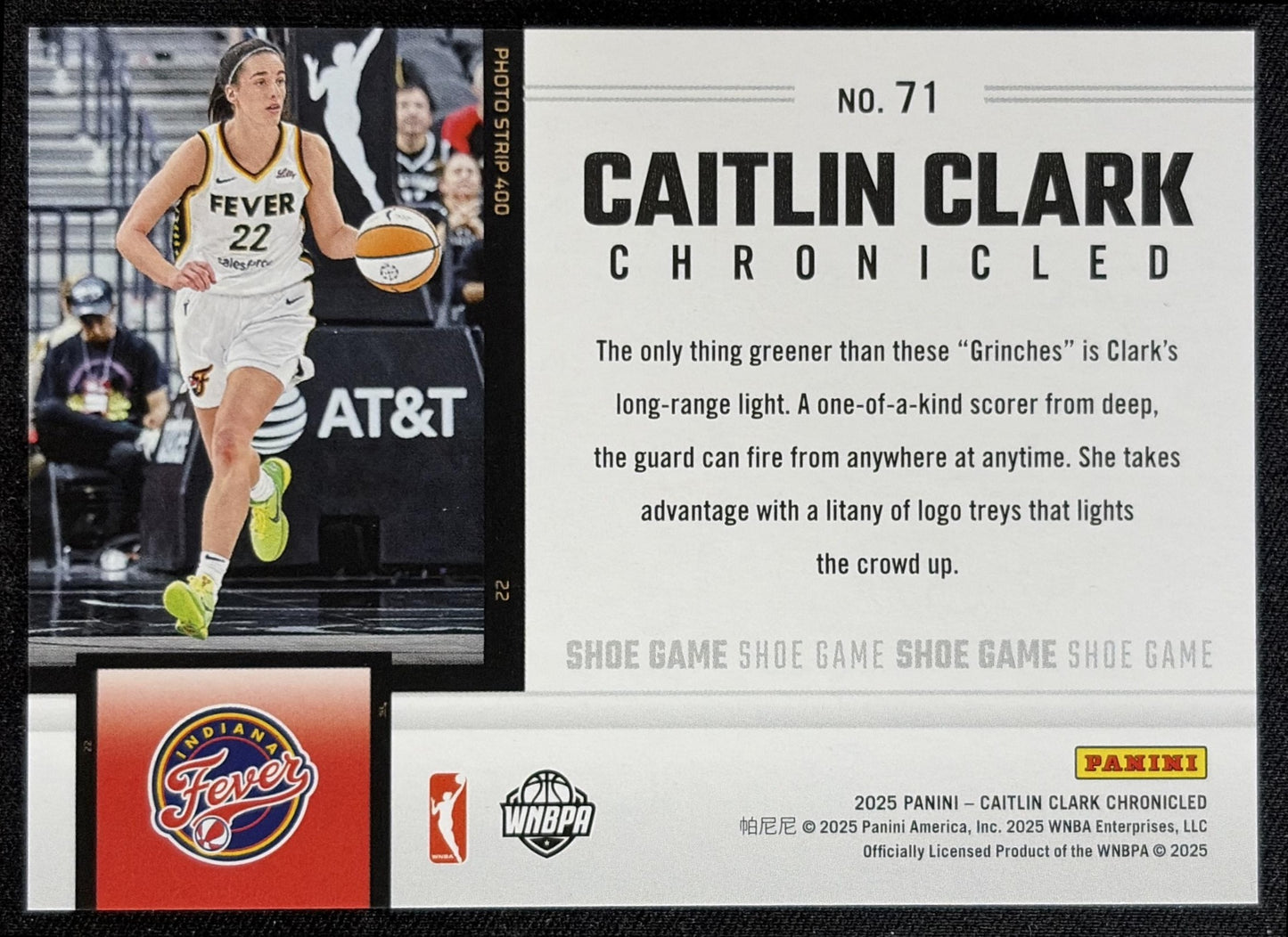 Caitlin Clark 2025 Panini Chronicled Shoe Game Red and Blue Holo /99 Fever - back
