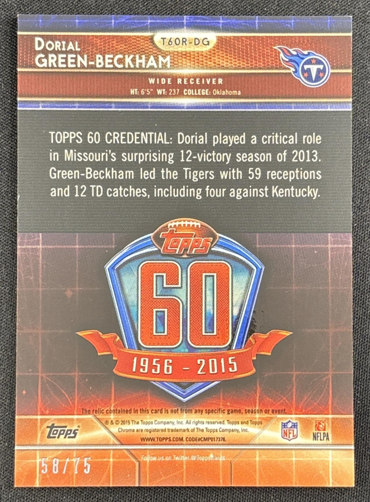 Dorial Green-Beckham 2015 Topps Chrome 60th Anniversary Relics Purple Refractor /75 Titans