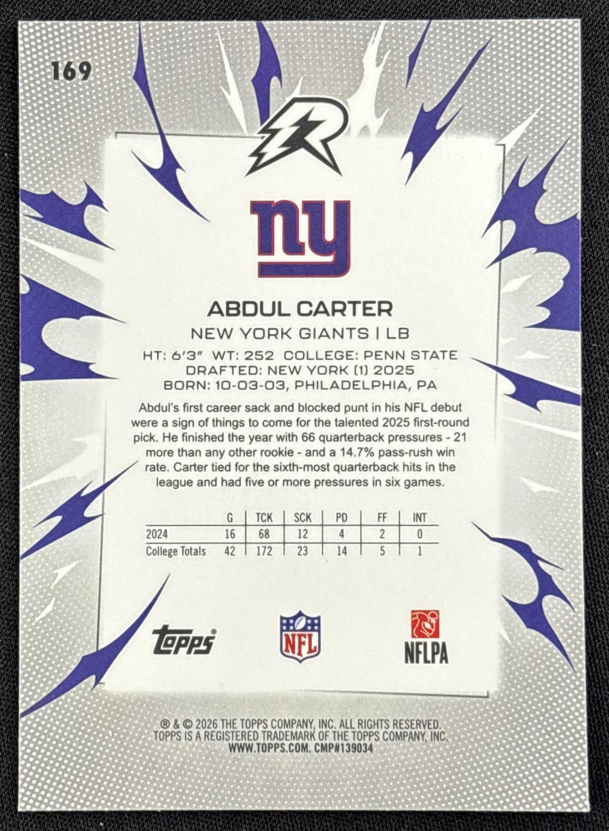 Abdul Carter 2025 Topps Resurgence Navy Surge Refractor /275 Giants