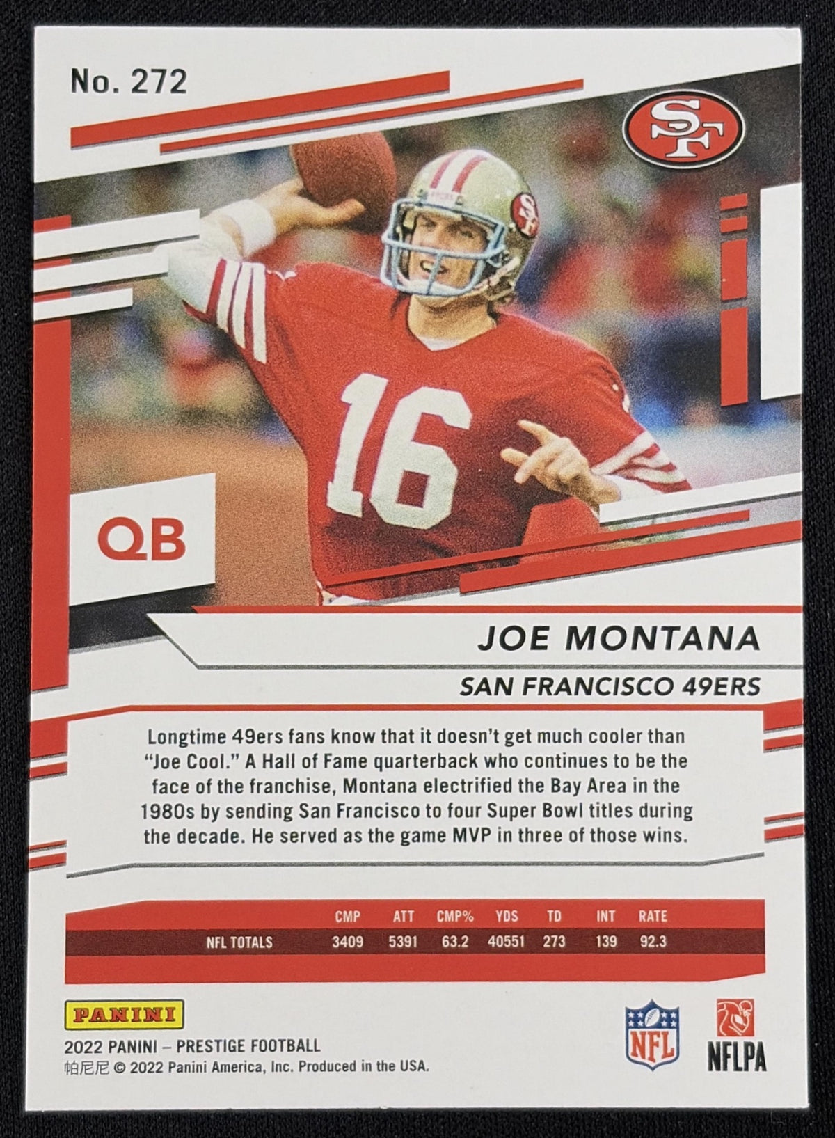 Back of Joe Montana 2022 Panini Prestige Xtra Points Diamond 49ers sports trading card