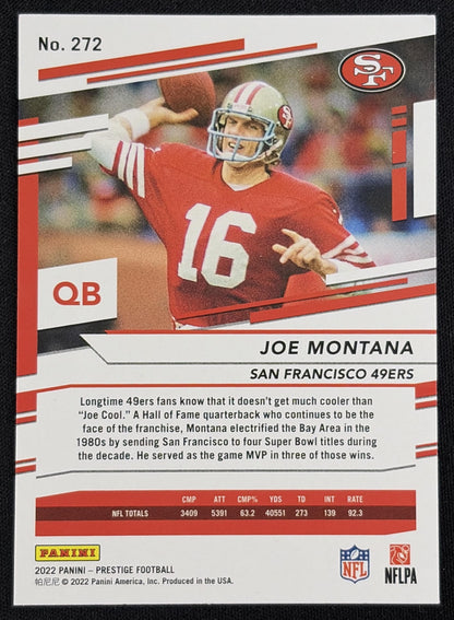 Back of Joe Montana 2022 Panini Prestige Xtra Points Diamond 49ers sports trading card