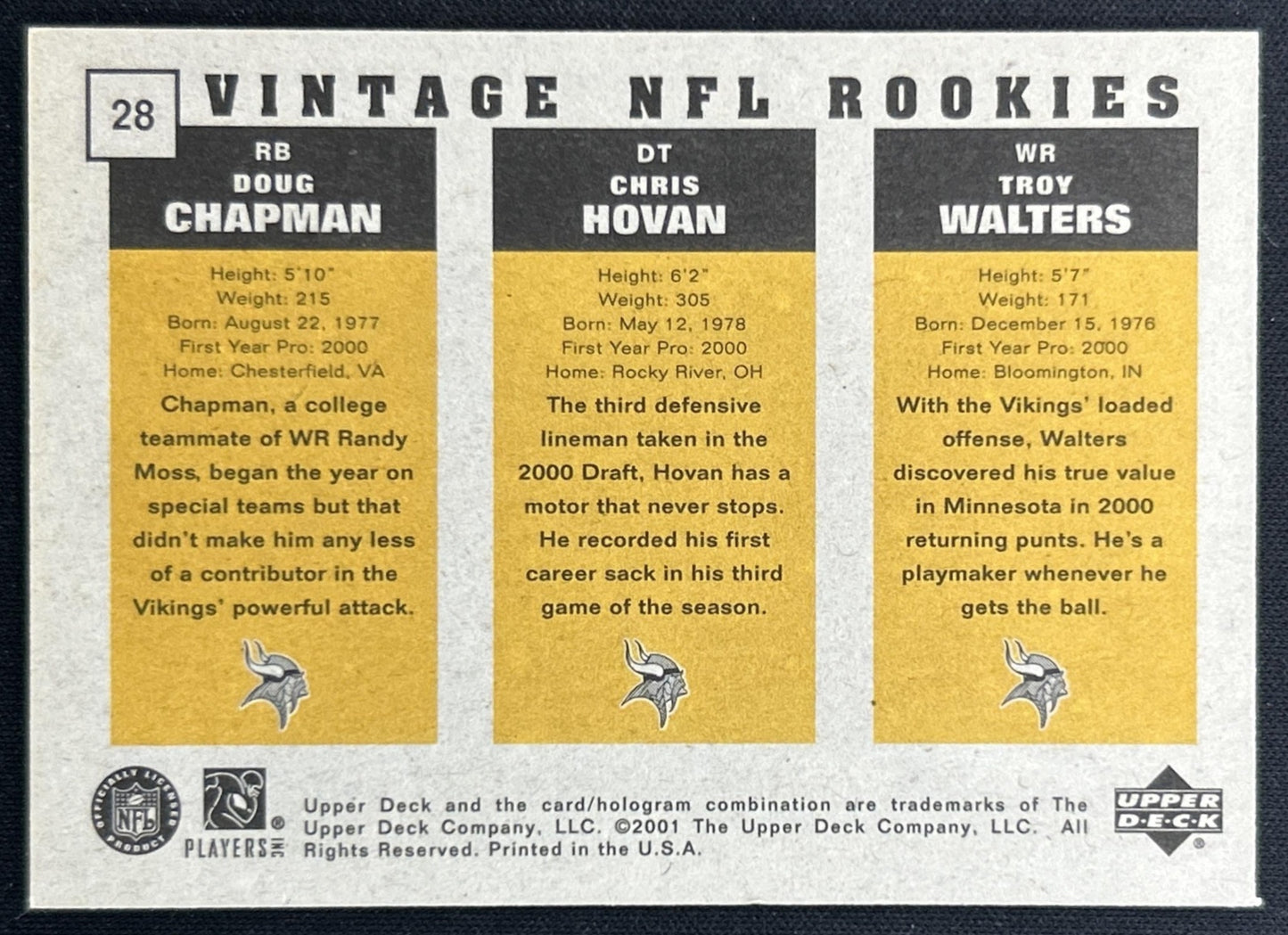 Troy Walters Chris Hovan Doug Chapman R 2000 Vintage Preview /1500 Vikings back