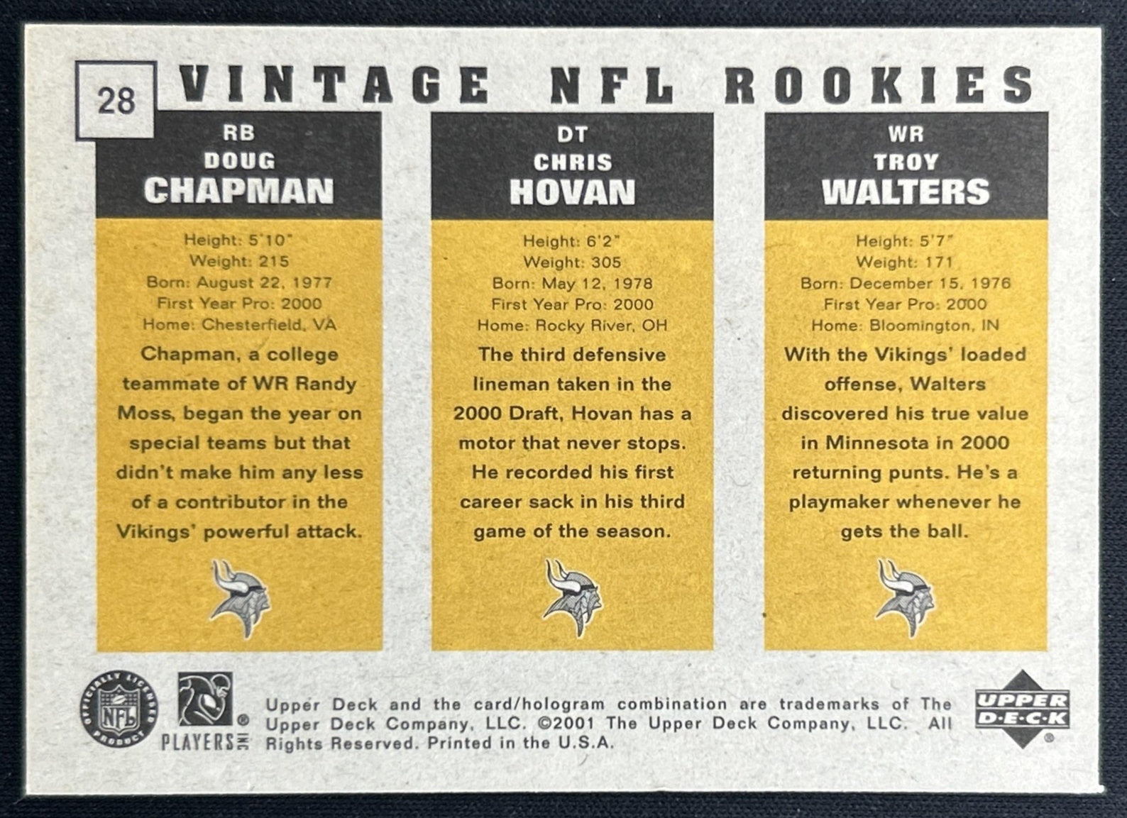 Troy Walters Chris Hovan Doug Chapman R 2000 Vintage Preview /1500 Vikings back