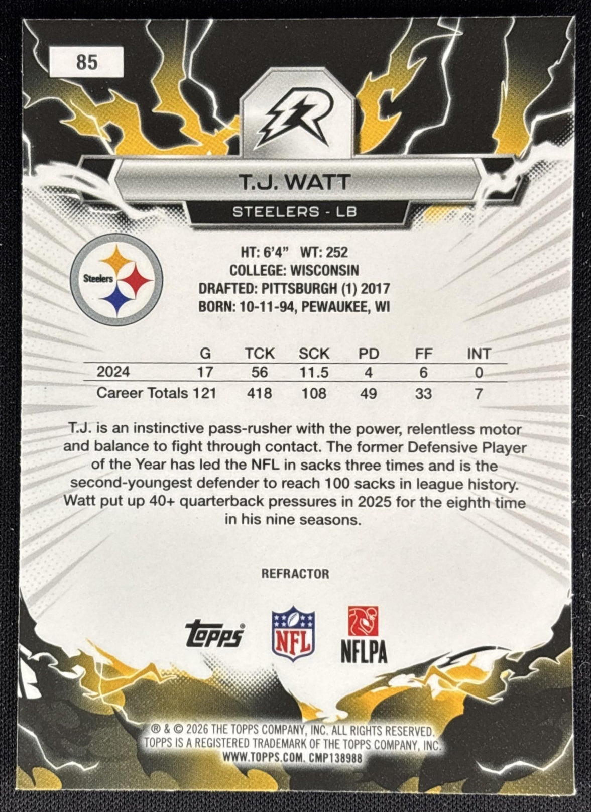 T.J. Watt 2025 Topps Resurgence Refractor Steelers back