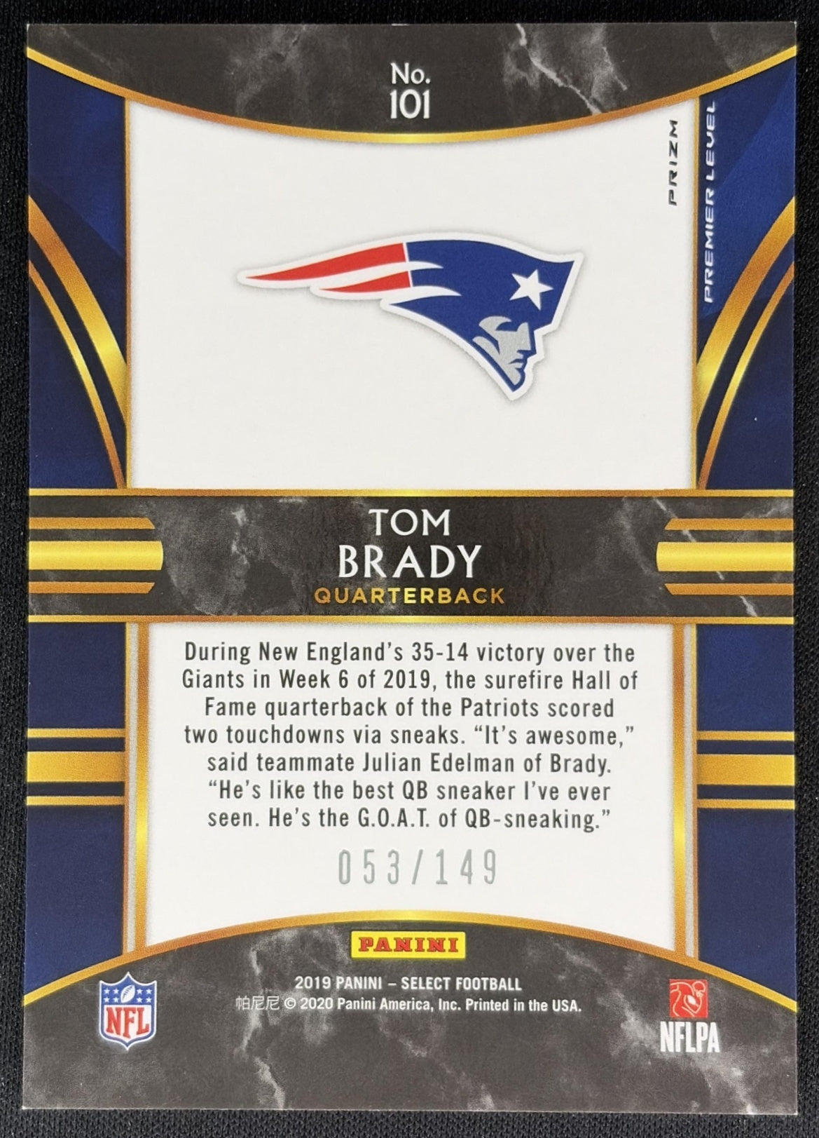 Tom Brady 2020 Panini Select Blue Prizm /149 Buccaneers Sports Trading Cards
