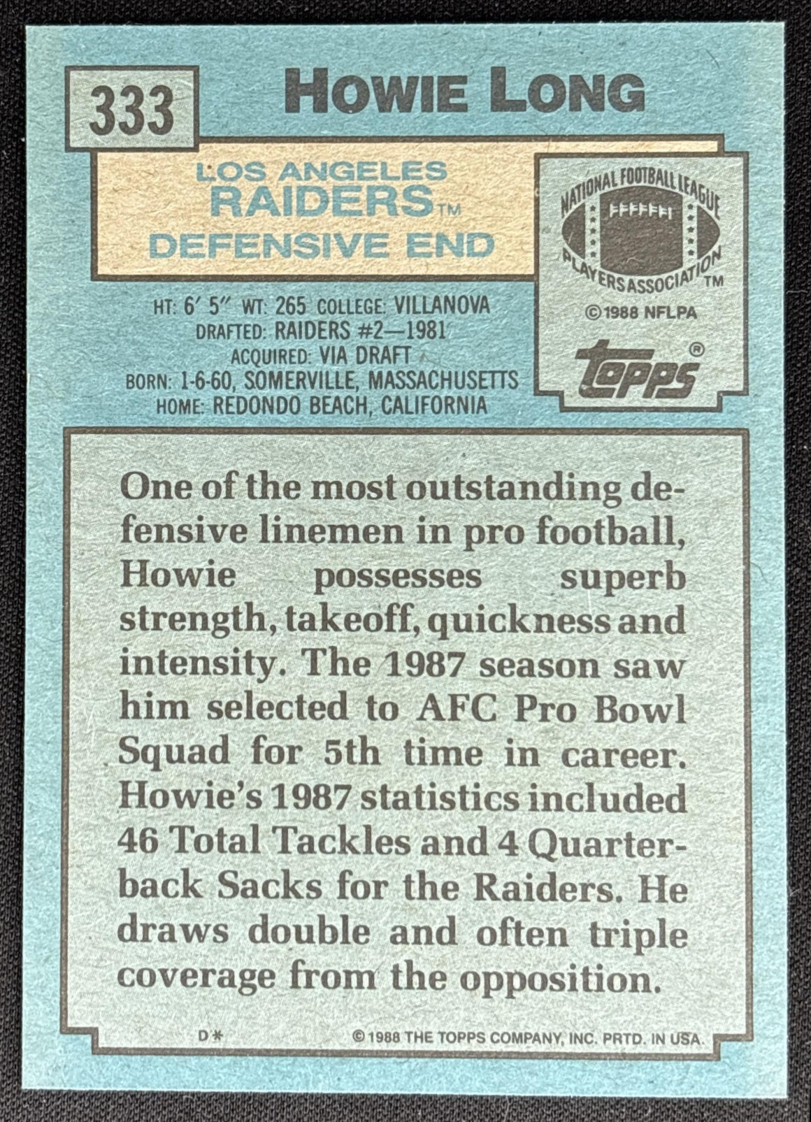 Howie Long 1988 Topps Raiders Sports Trading Card