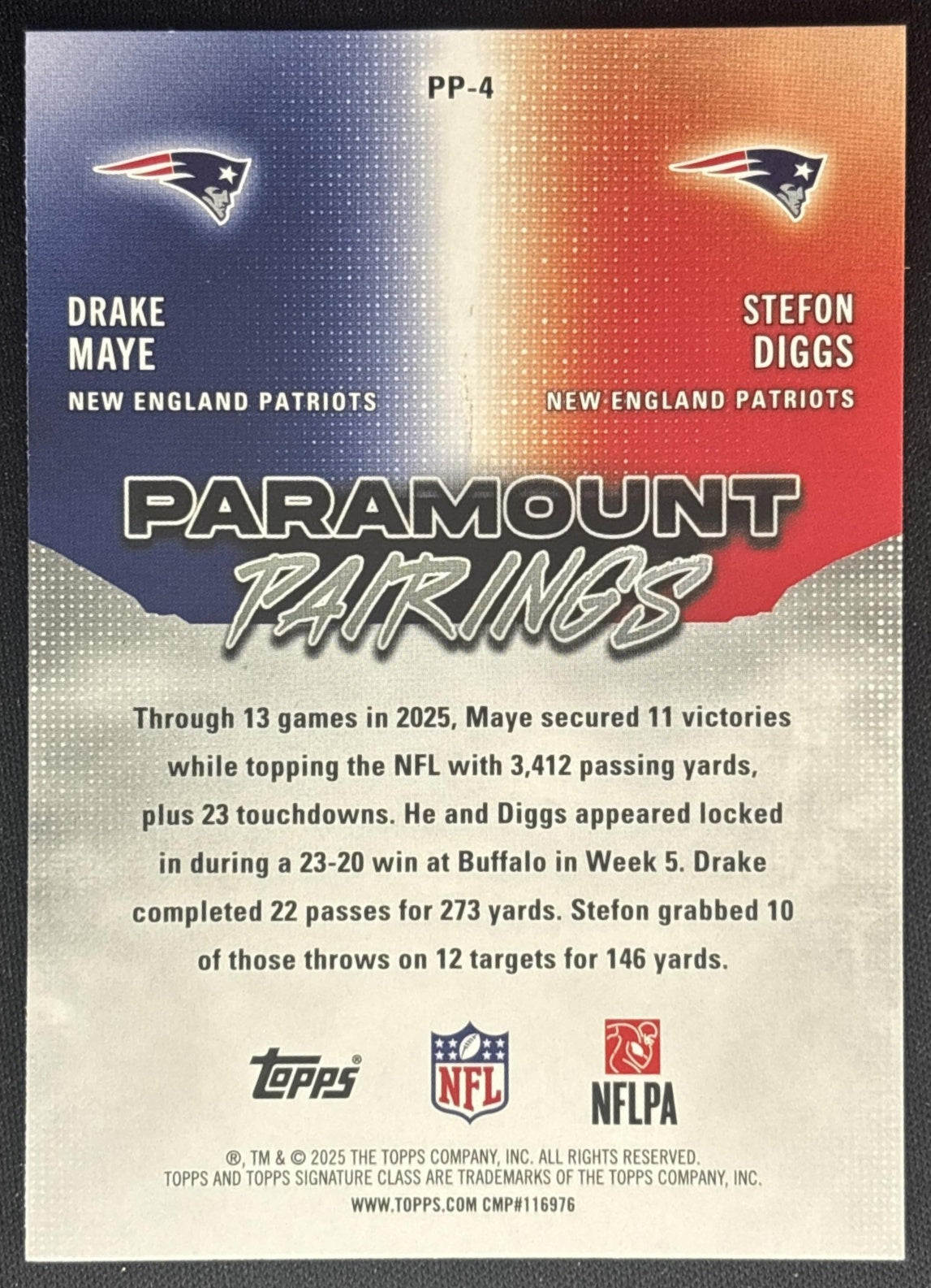 Drake Maye Stefon Diggs 2025 Topps Signature Class Paramount Pairings Patriots back