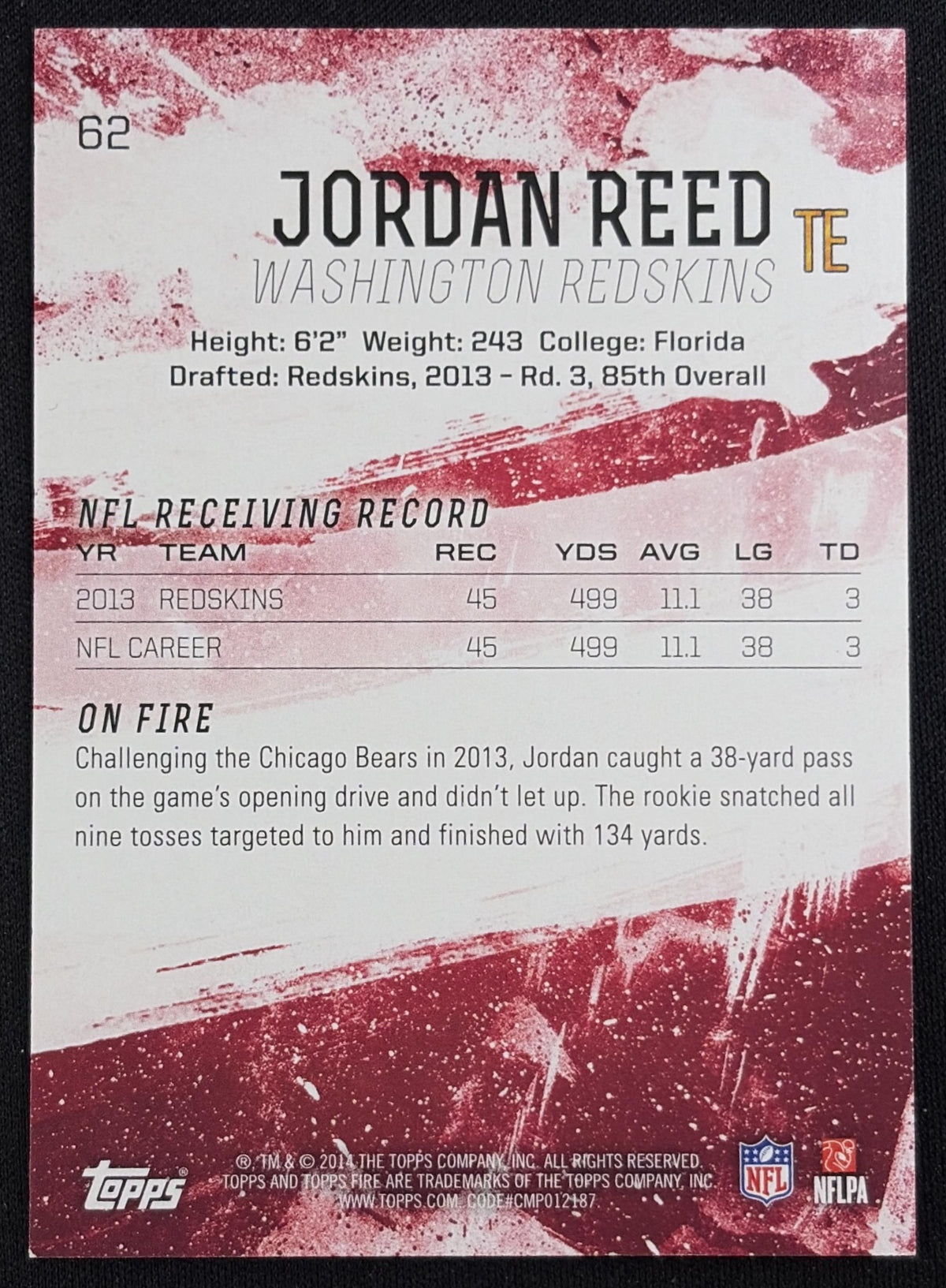 Jordan Reed 2014 Topps Fire Blue /299 Redskins