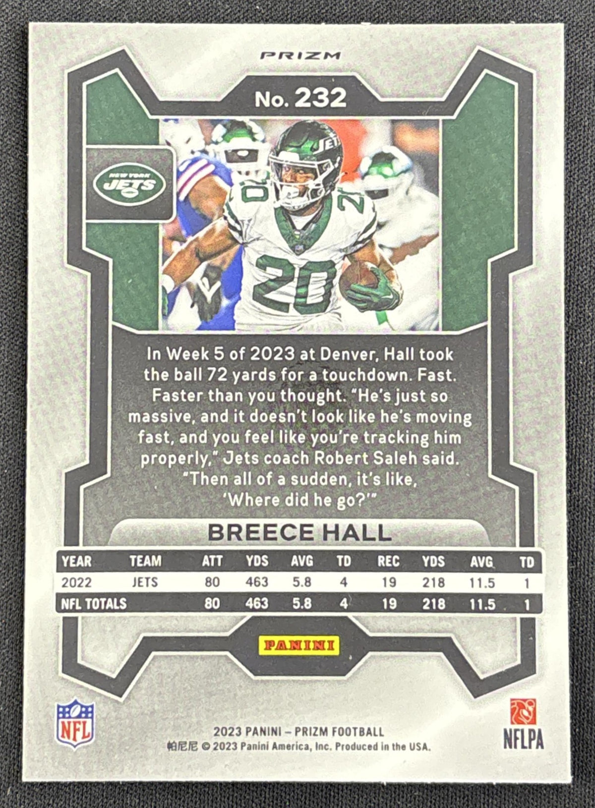 Breece Hall 2023 Panini Prizm Orange Ice Jets