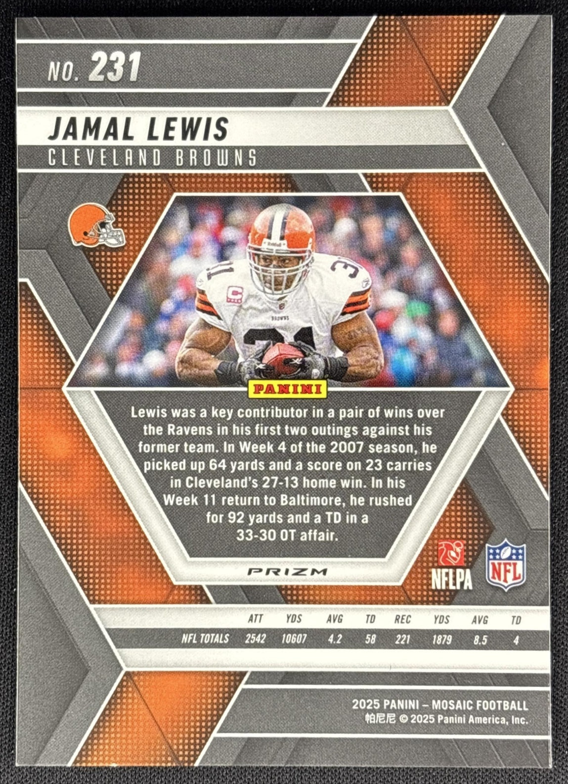 Jamal Lewis 2025 Panini Mosaic Purple Scope Prizm Browns back