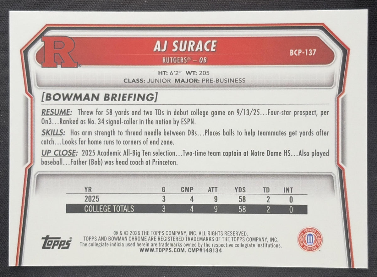 AJ Surace 2026 Bowman Chrome Prospects Mojo Refractor Scarlet Knights