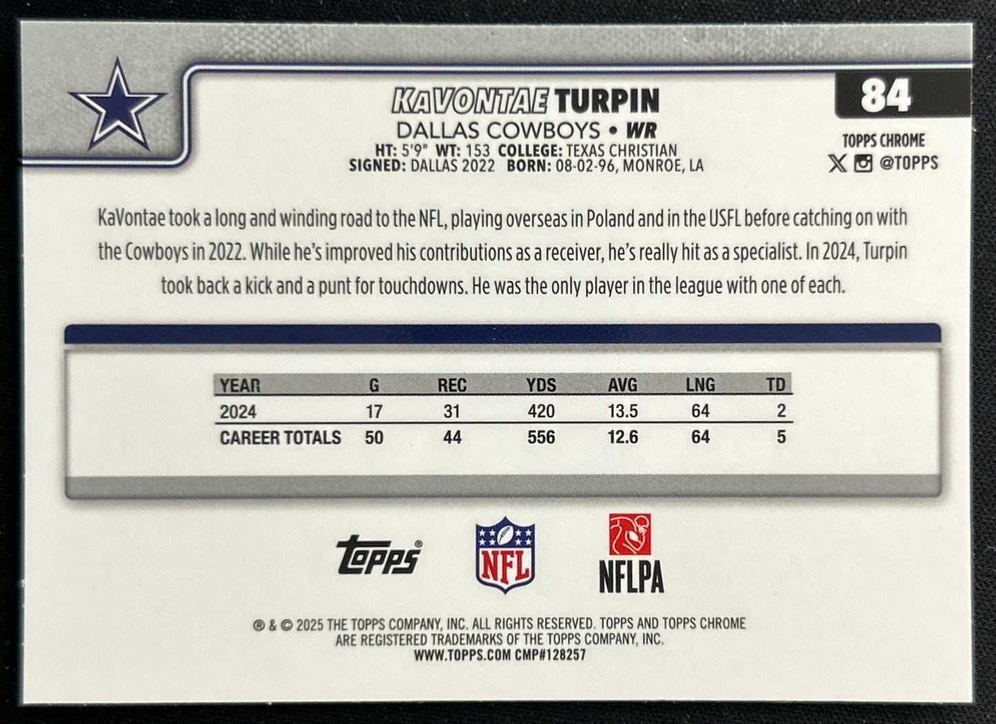 KaVontae Turpin 2025 Topps Chrome Cowboys Sports Trading Cards