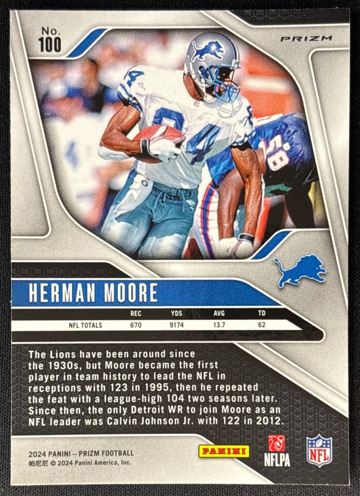 Herman Moore 2024 Prizm Choice Blue Yellow and Green Lions back | Wayne Collection