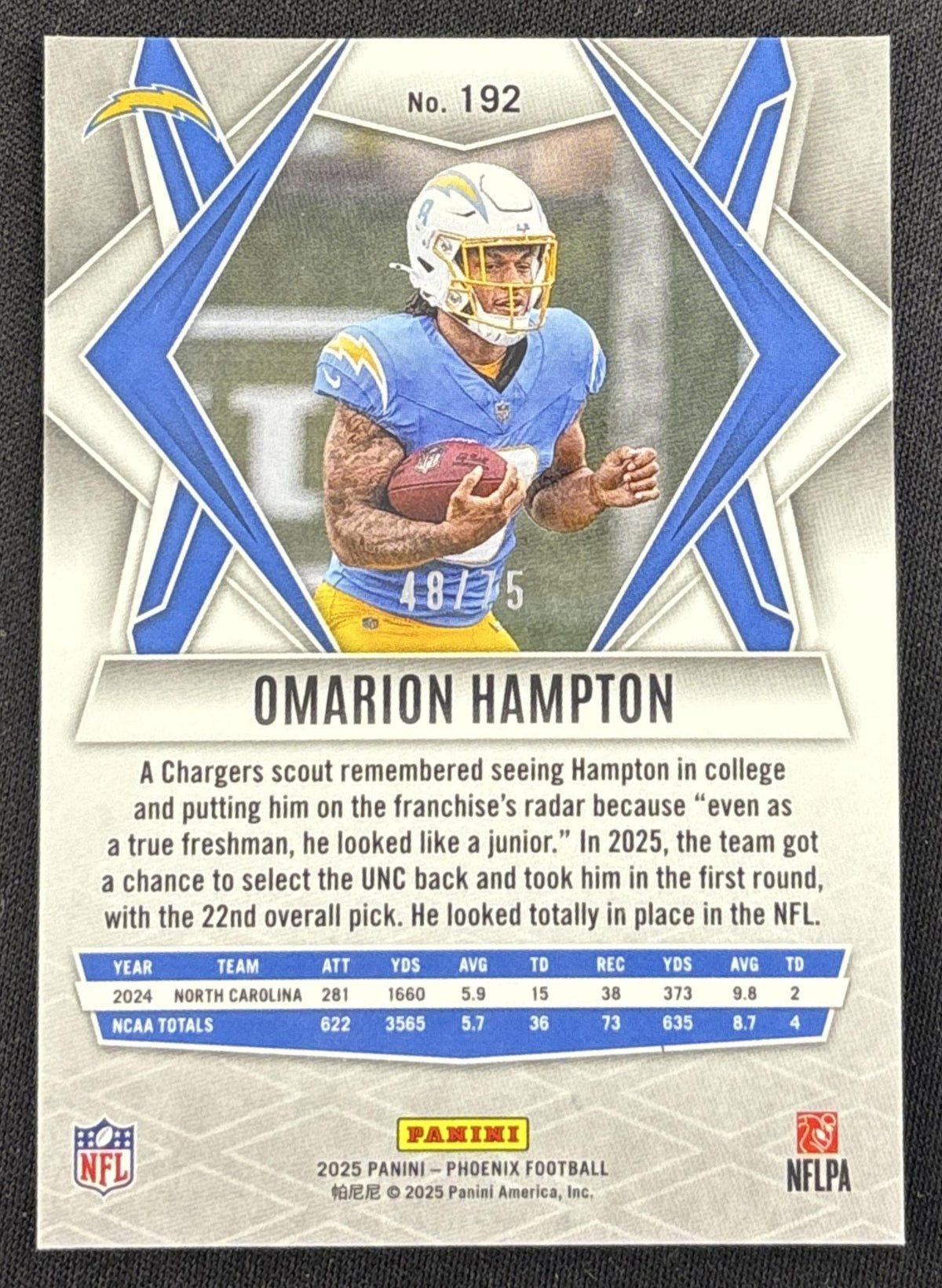 Omarion Hampton 2025 Panini Phoenix Blue Lazer Prizm /75 Chargers back