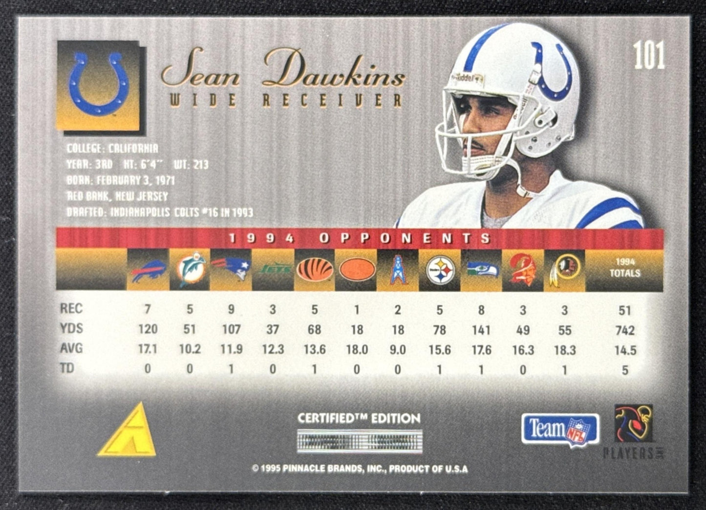 Sean Dawkins 1995 Pinnacle Select Certified Colts