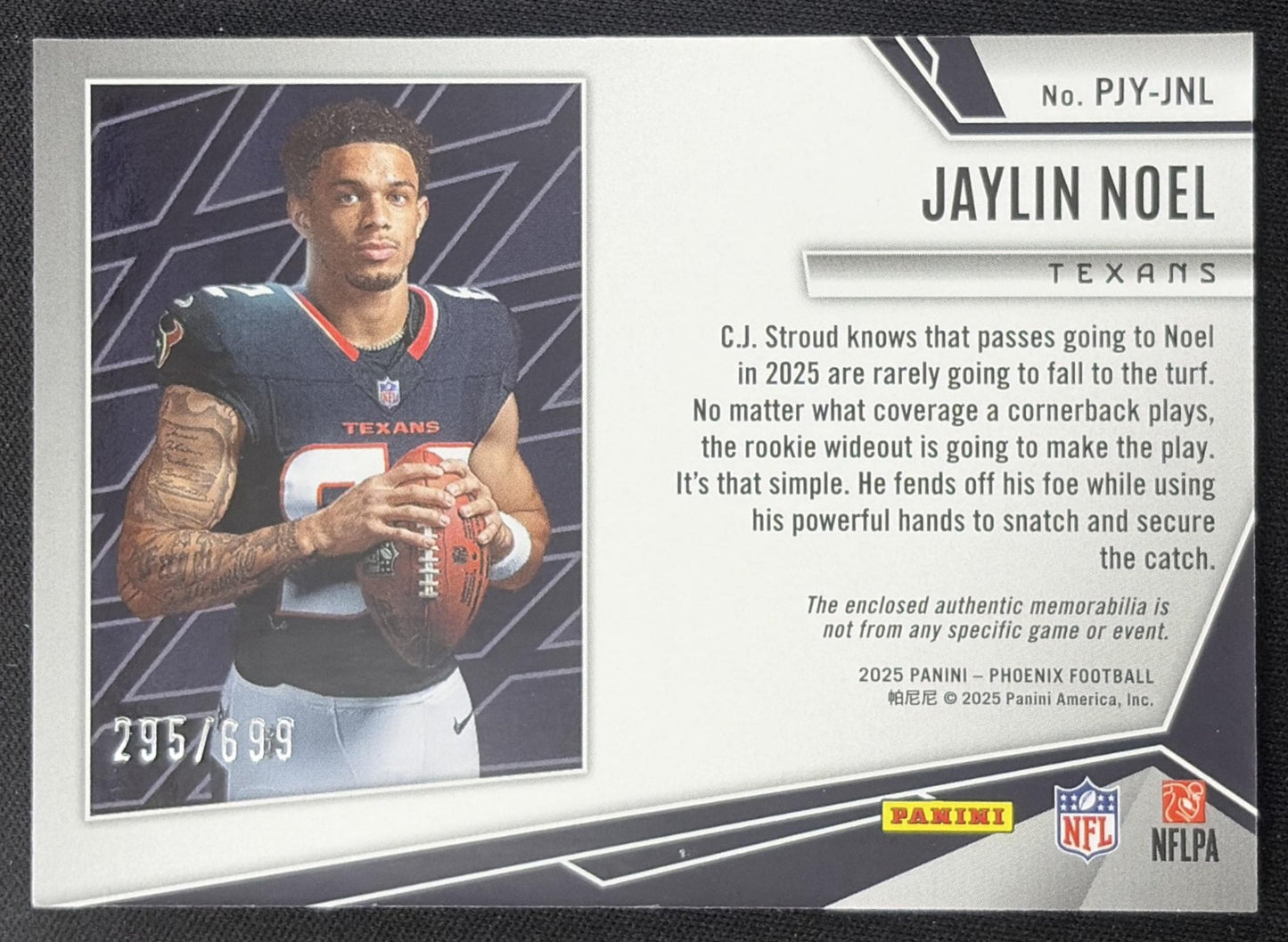 Jaylin Noel 2025 Panini Phoenix Rookie Phenom Jersey /699 Texans